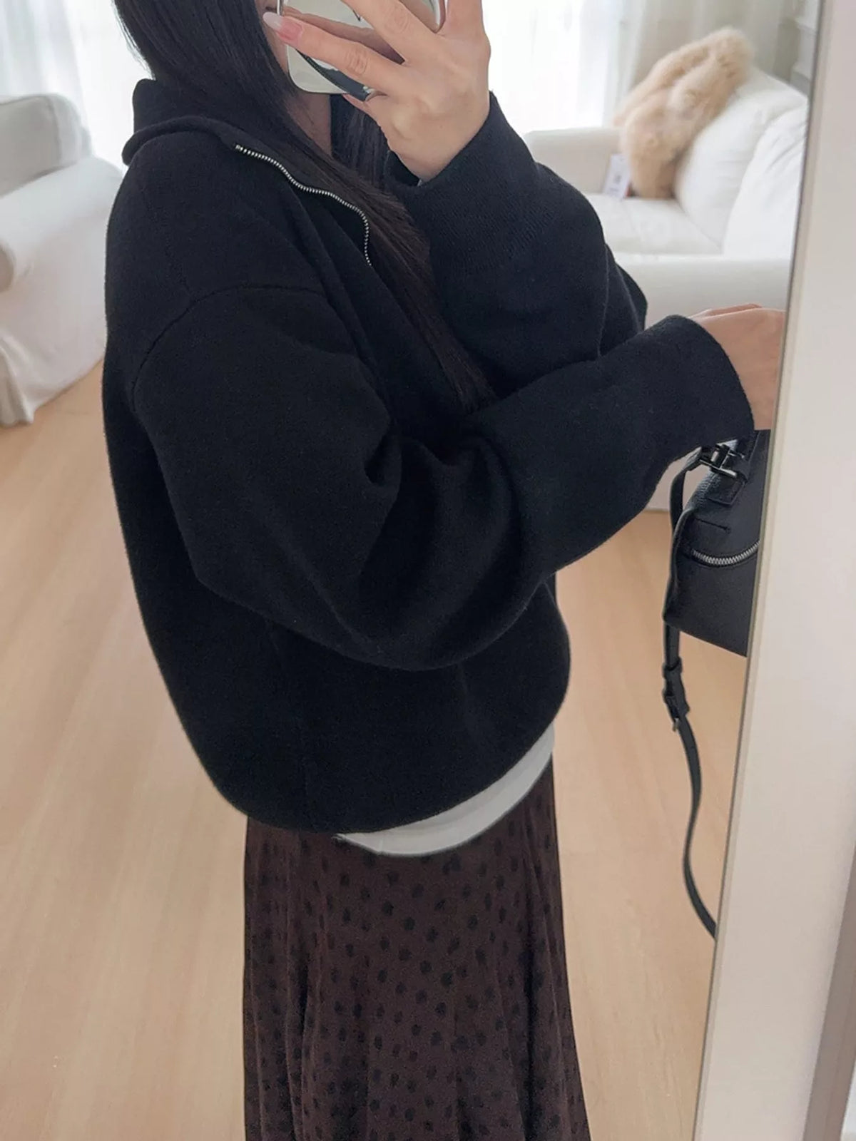 Women's Half-Zip Dropped Shoulder Sweater in black — front view