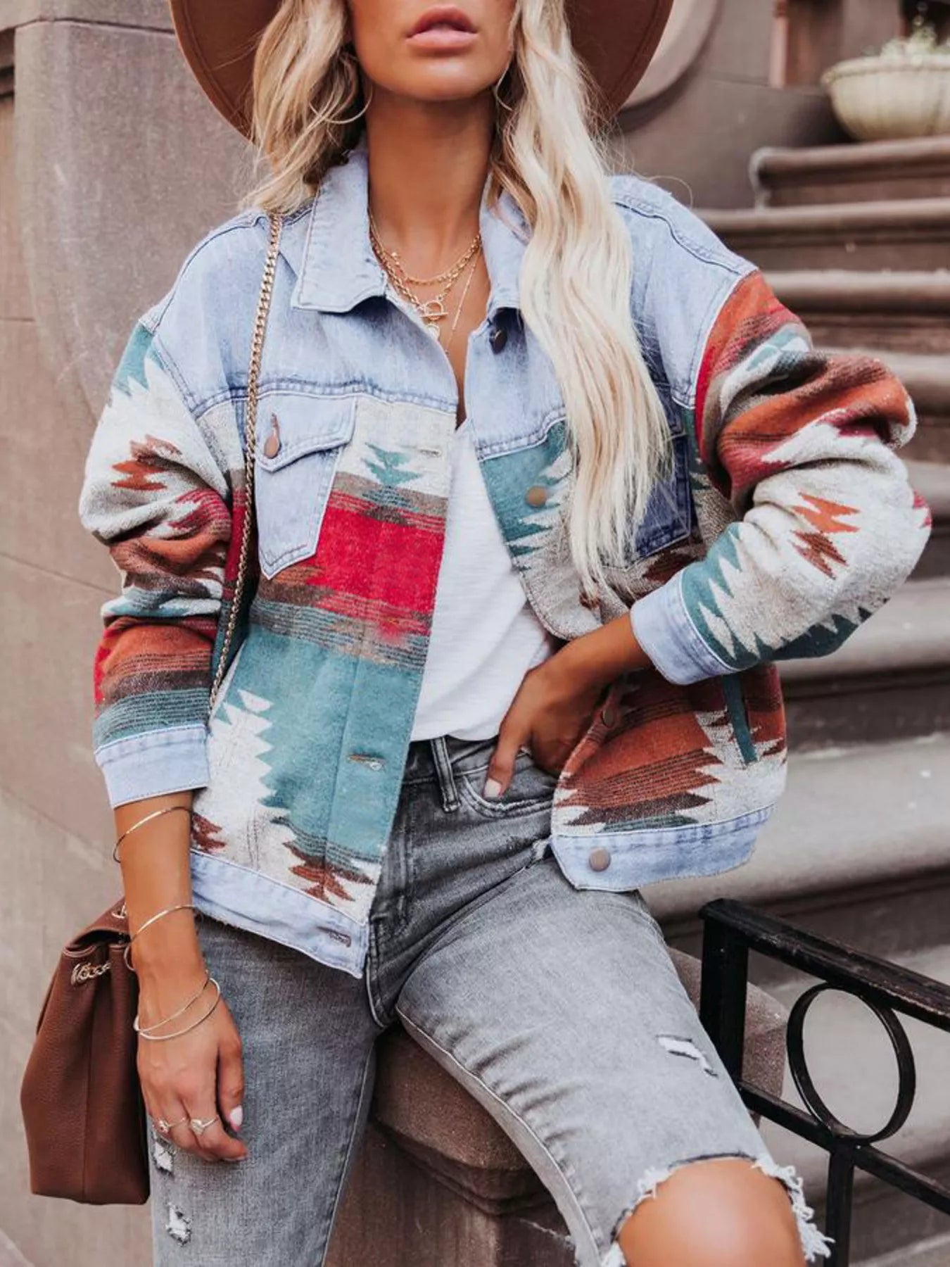 Trendsi Geometric Print Denim Jacket -