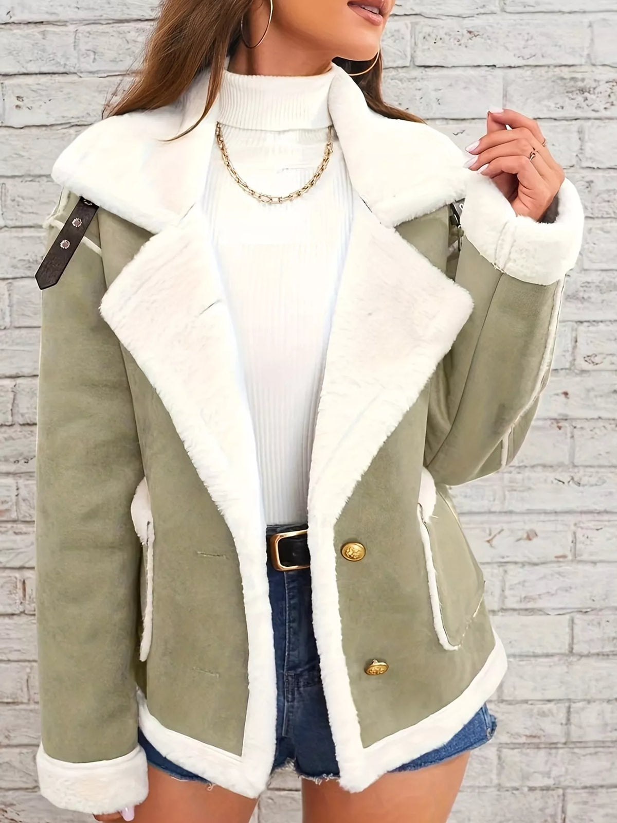Green plush-lined button-front jacket — front view