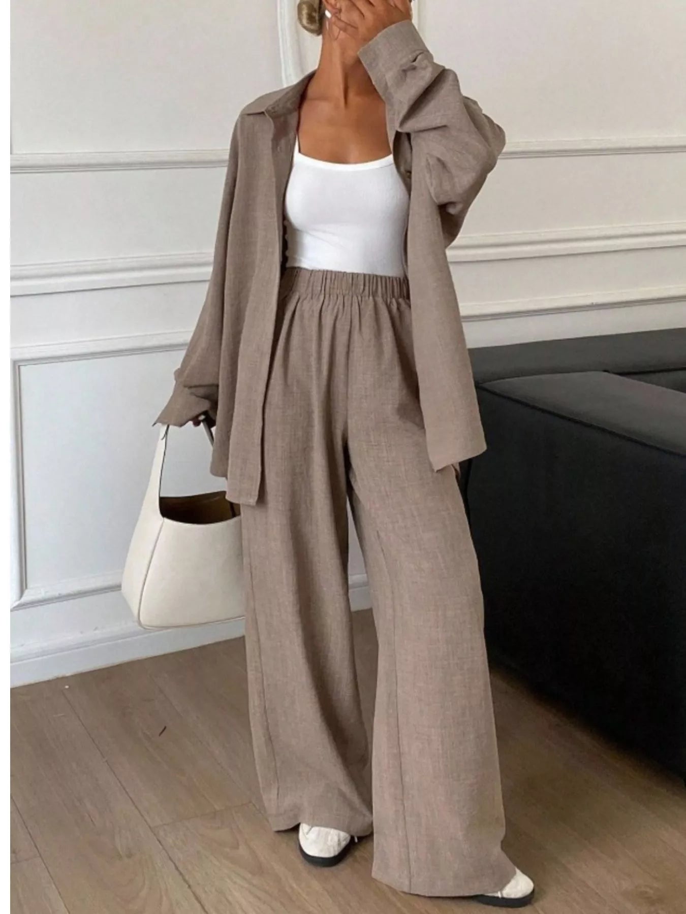Trendsi Button Up Long Sleeve Shirt and Wide Leg Pants Set -