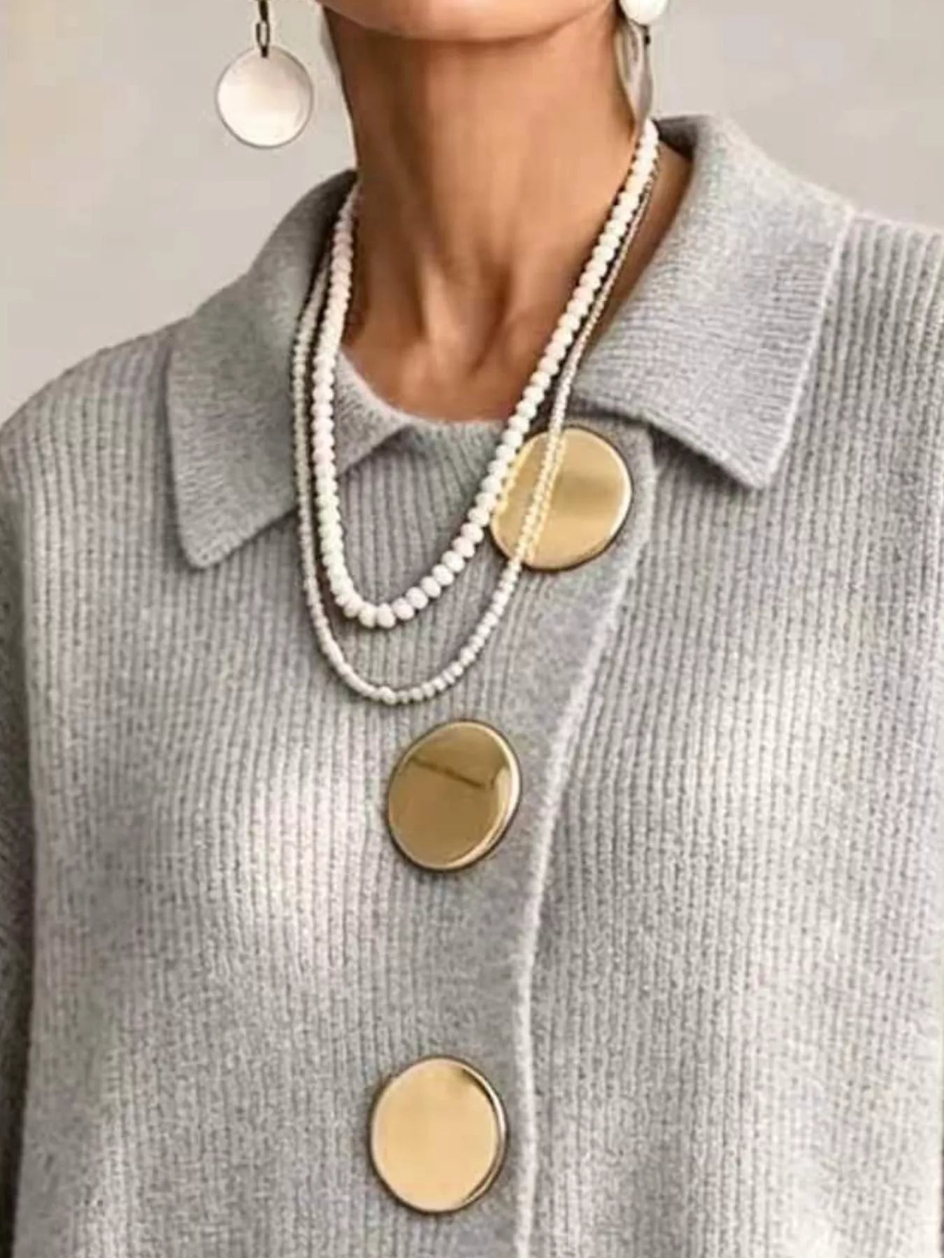 Trendsi Full Size Gold Buttons Lantern Sleeve Cardigan Plus Size -