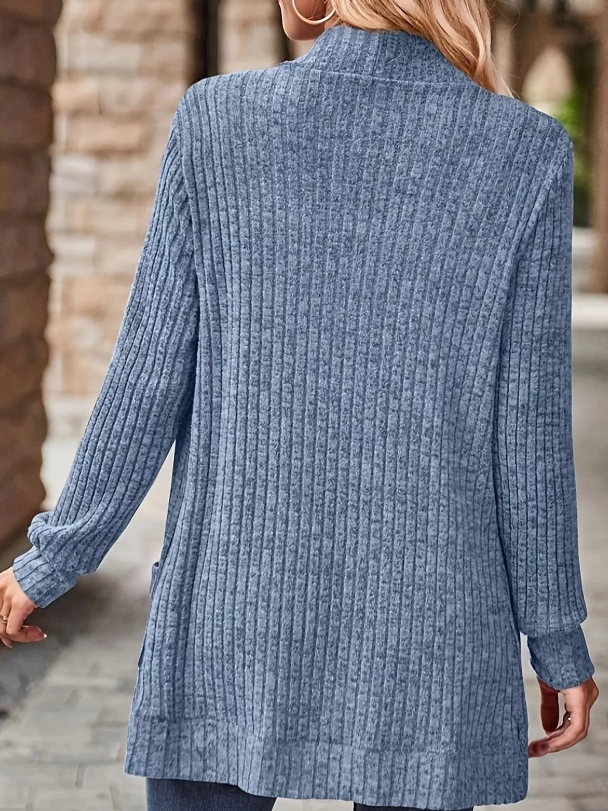Ribbed Knit Open Front Cardigan with Pockets — back view