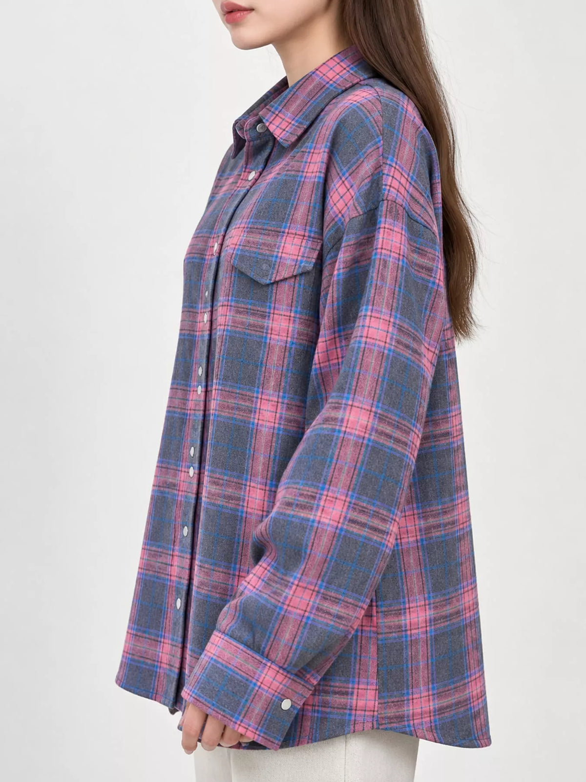 Gray and pink plaid button-down shirt, side view