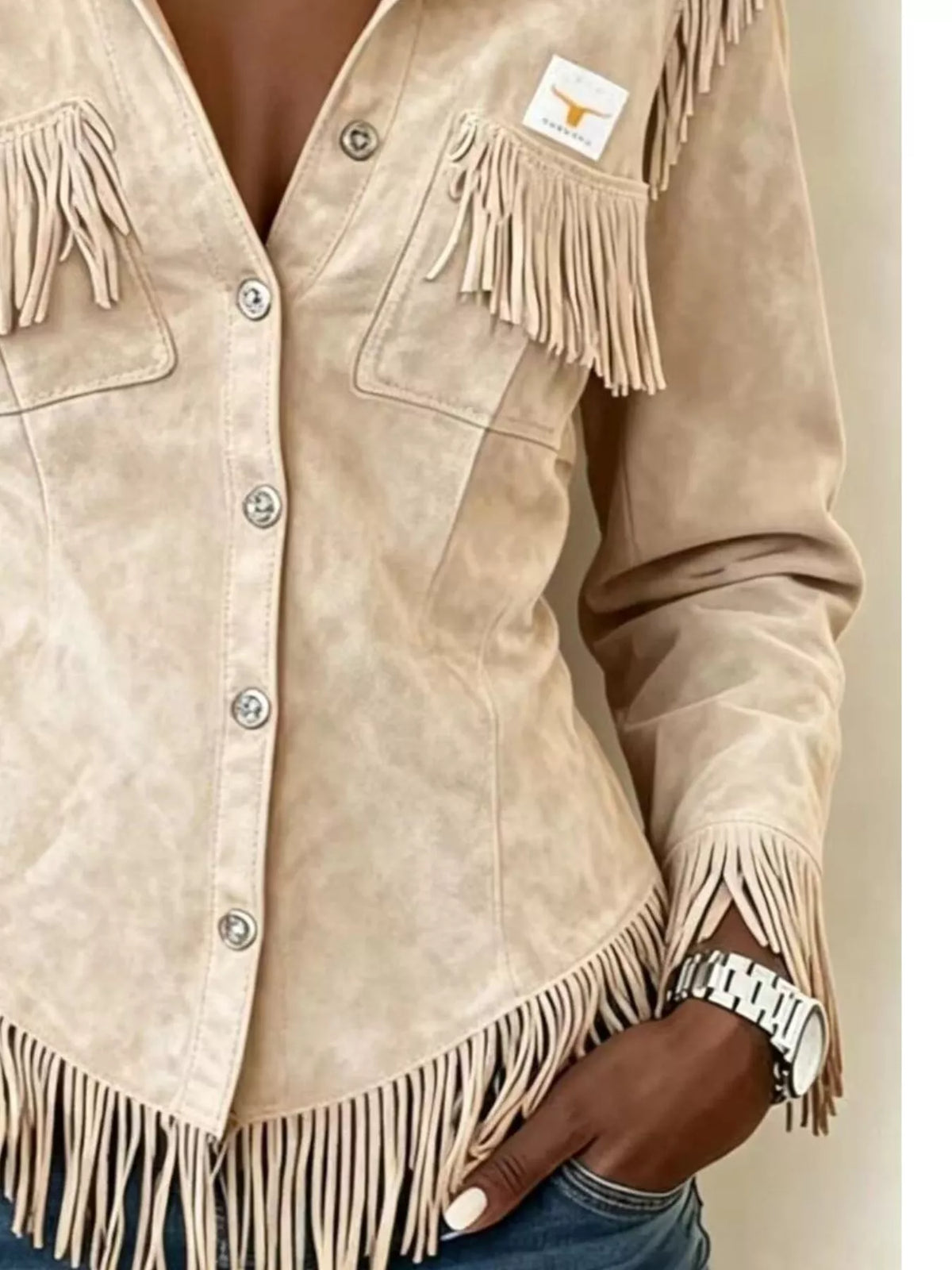 Fringed Snap Down Jacket in beige, pocket and cuff detail