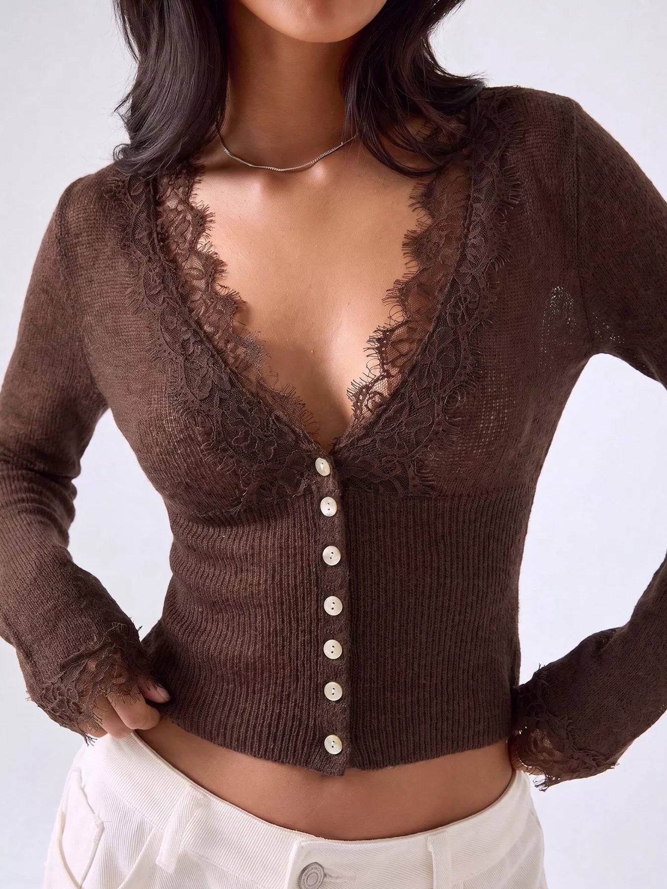 Trendsi Lace-Trimmed V-Neck Button-Down Cardigan -