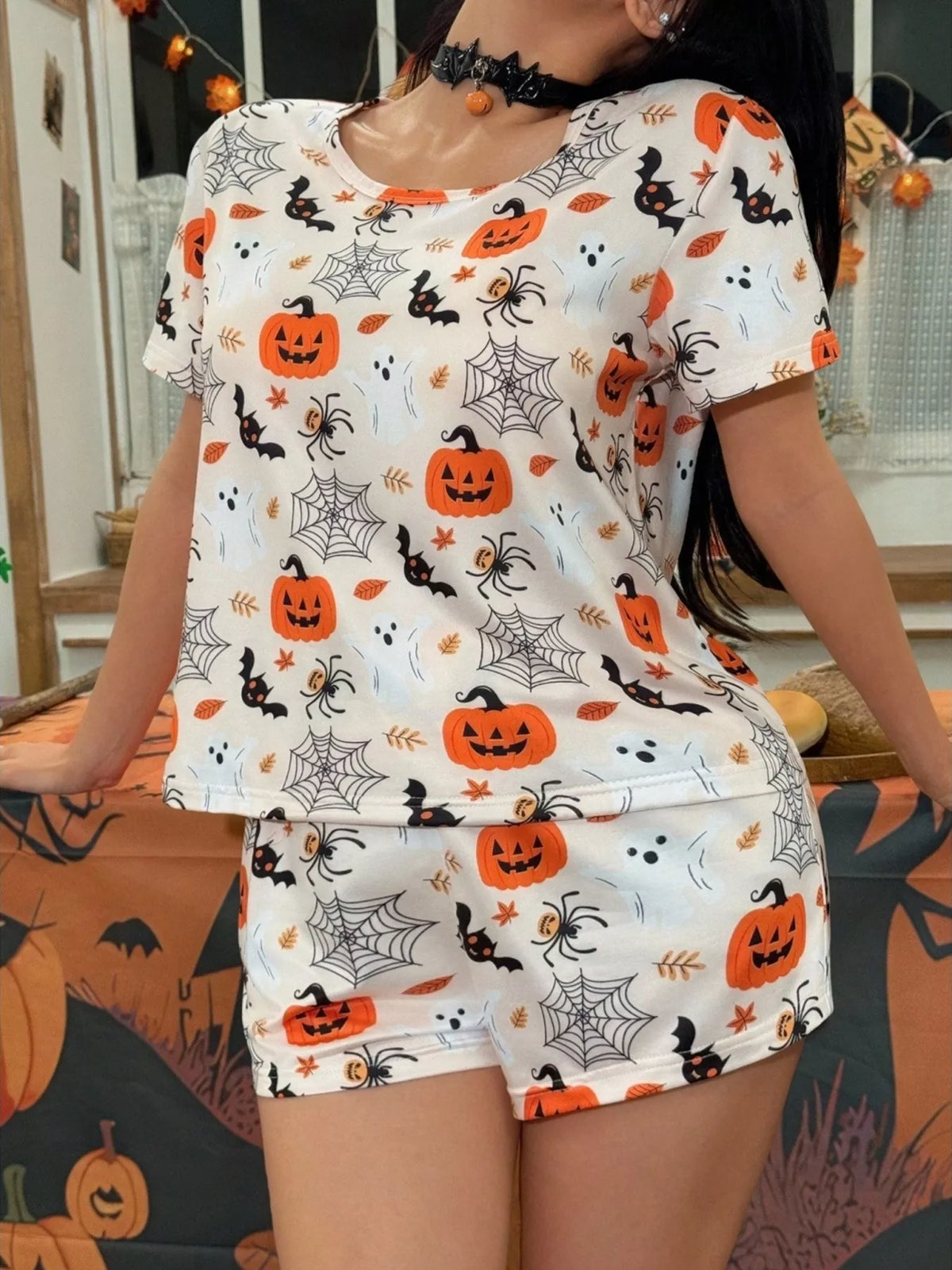 White Halloween Print Short Sleeve Top and Shorts Lounge Set front view