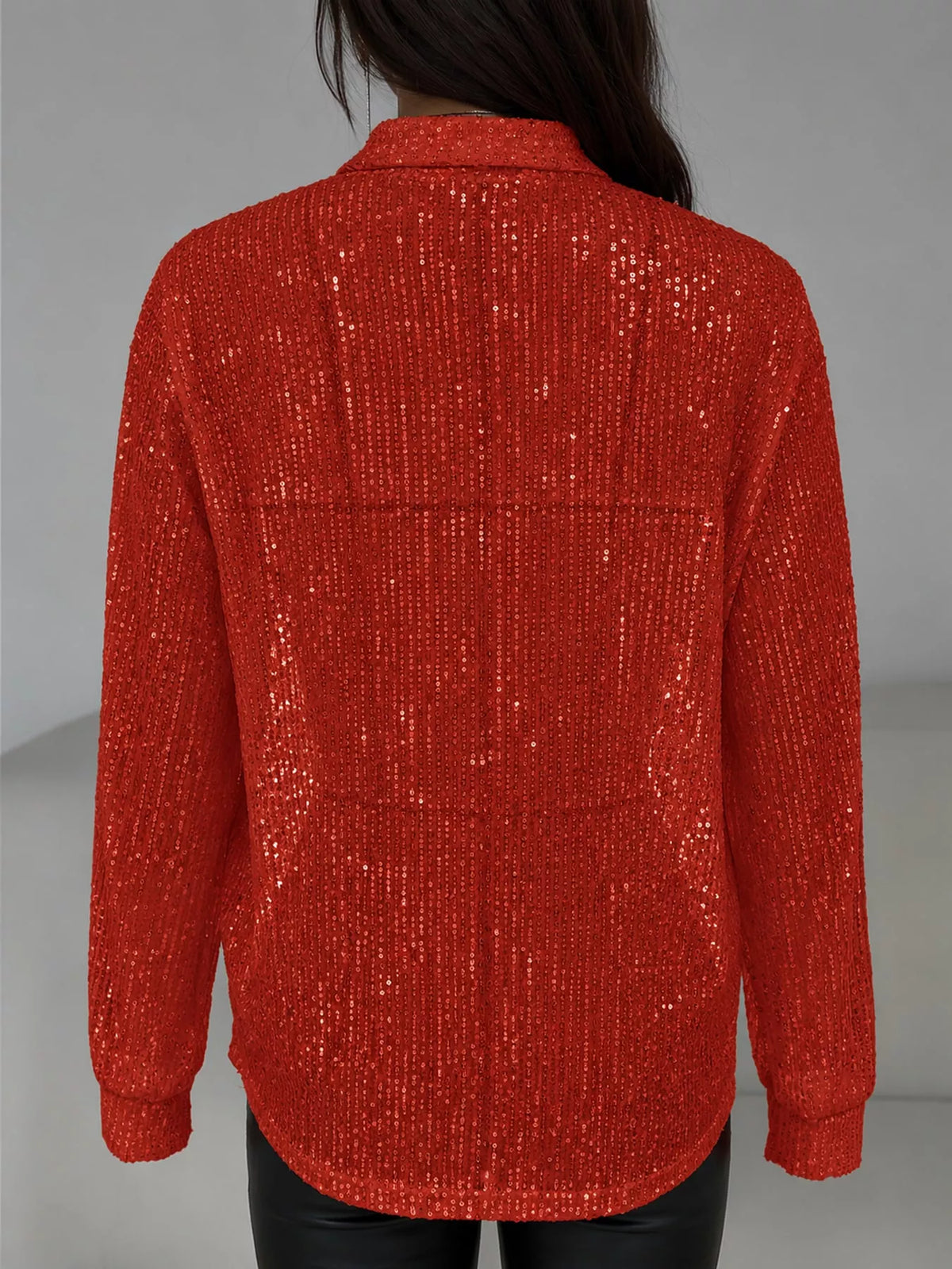 Red sequin button up long sleeve shirt, back view