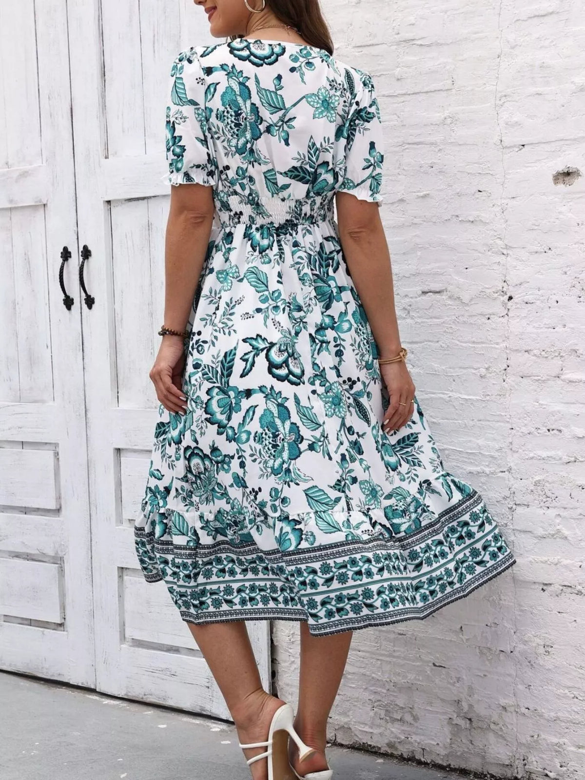 Trendsi Floral Print Puff Sleeve Wrap Midi Dress -