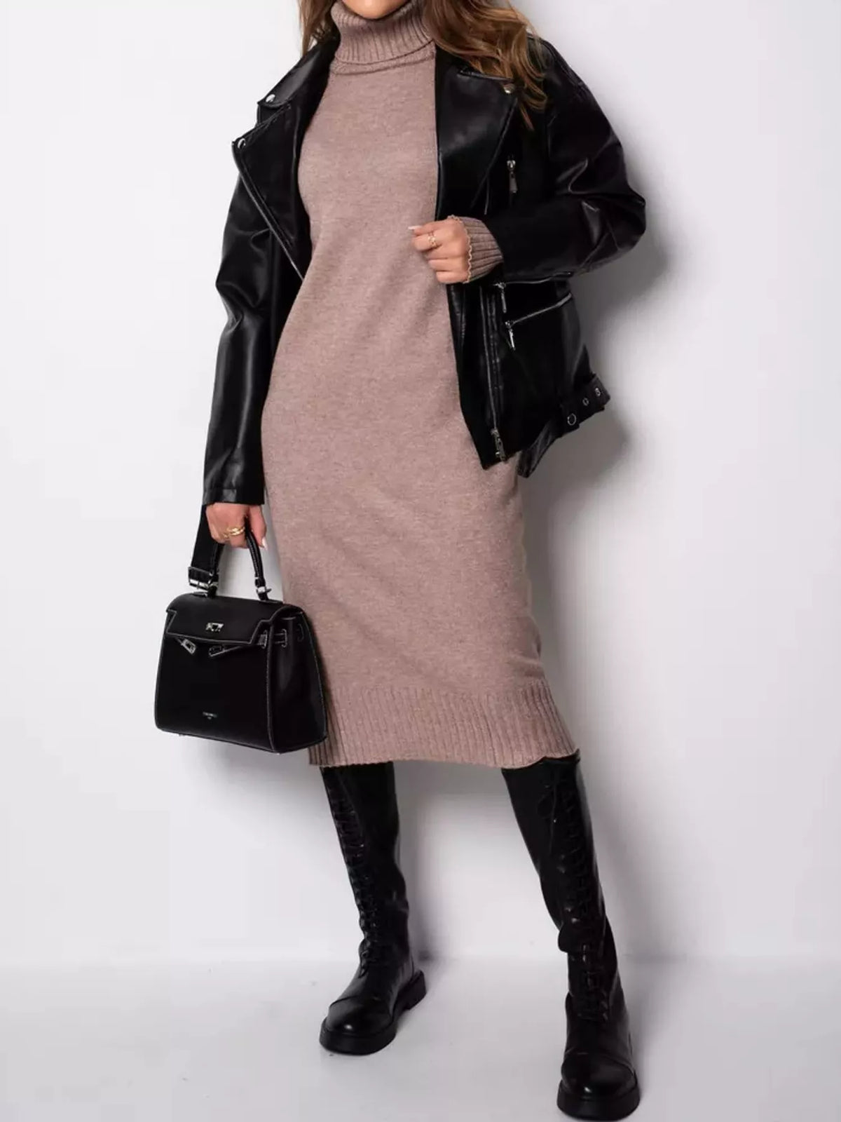 Camel turtleneck sweater dress