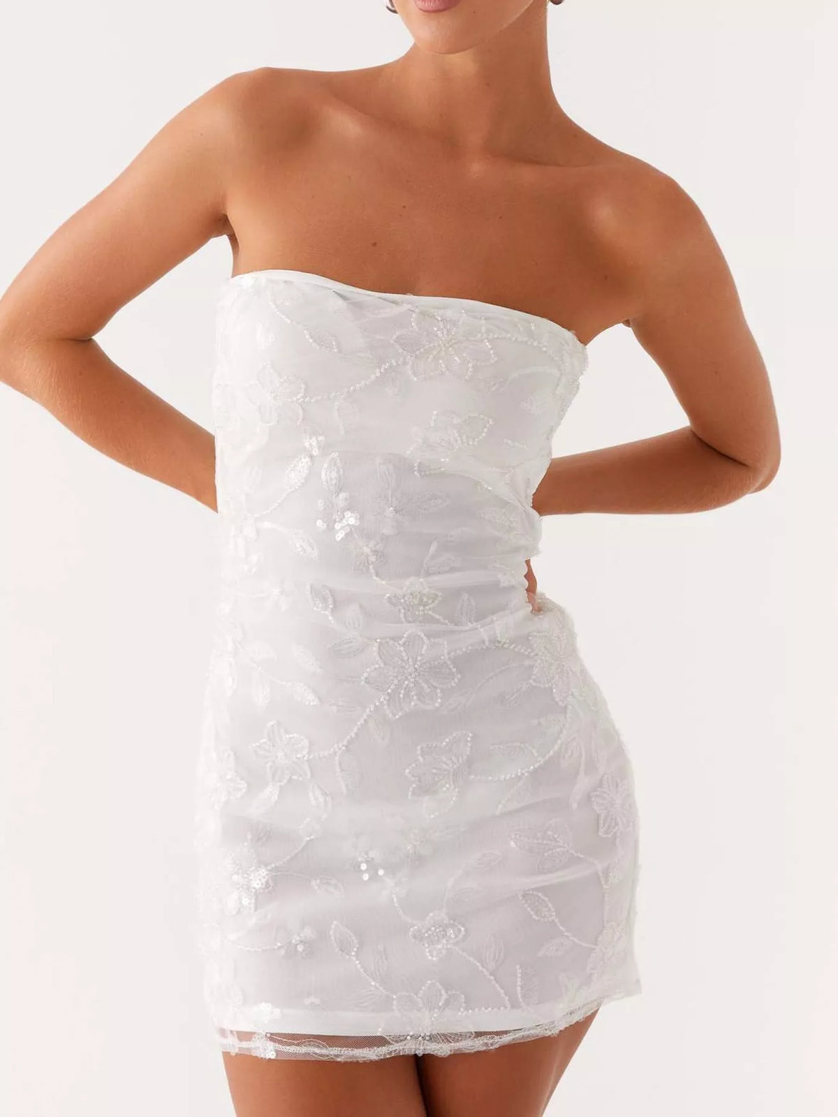 strapless mini dress, front view on model
