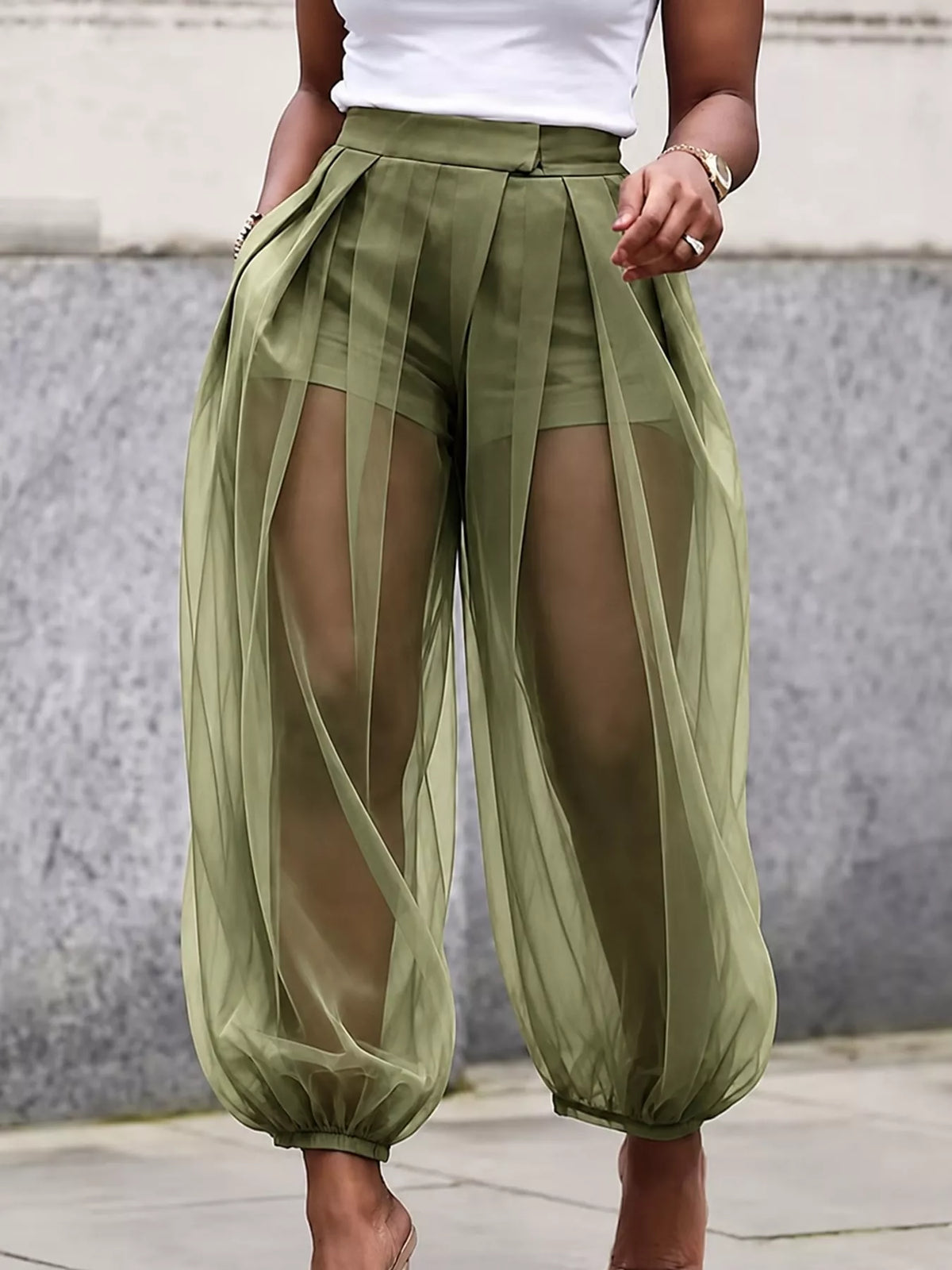 High-Waisted Sheer Tulle Balloon Pants — front view