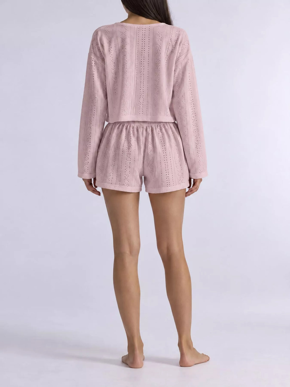 Eyelet Long Sleeve Top and Shorts Lounge Set, back view in pink