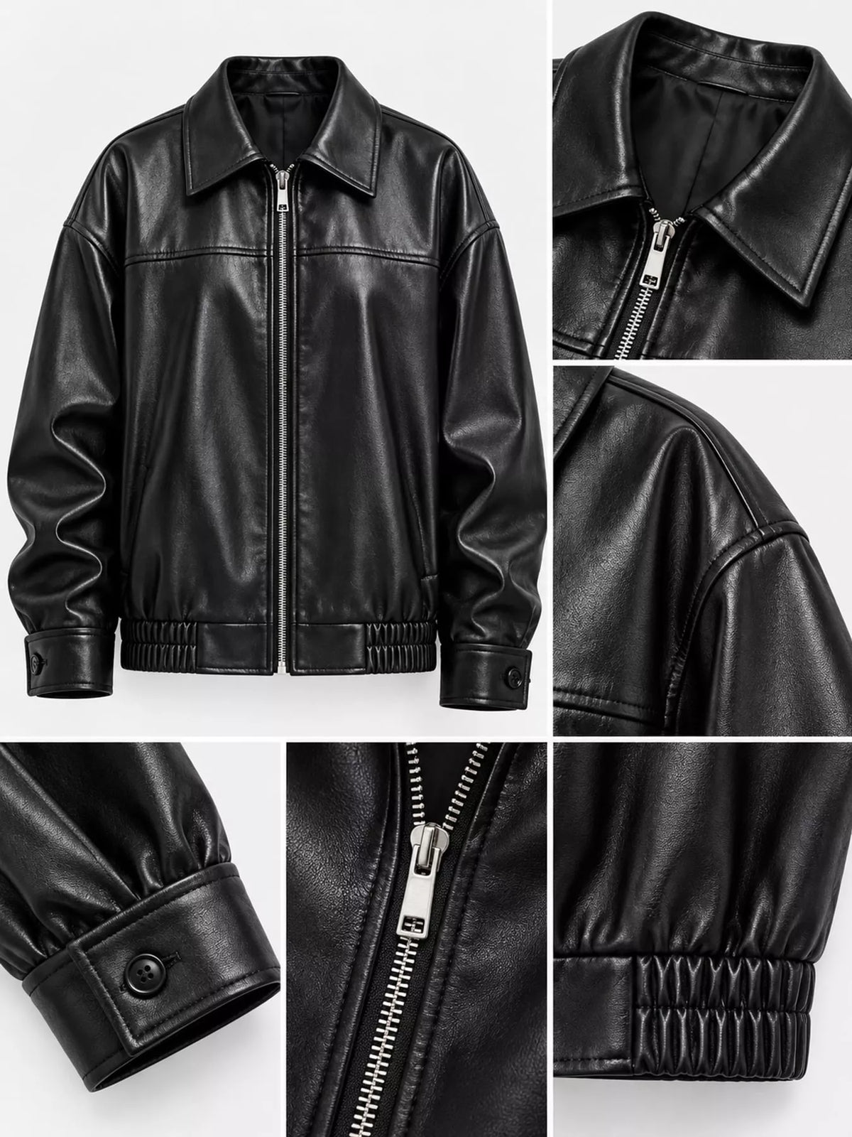 Black zip-up jacket, collar, zipper, shoulder seams, buttoned cuff, and elastic hem close-ups