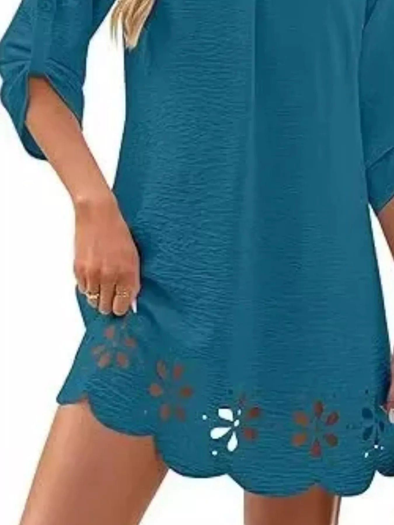 Trendsi Scalloped Eyelet Hem Roll-Up Sleeve Dress -