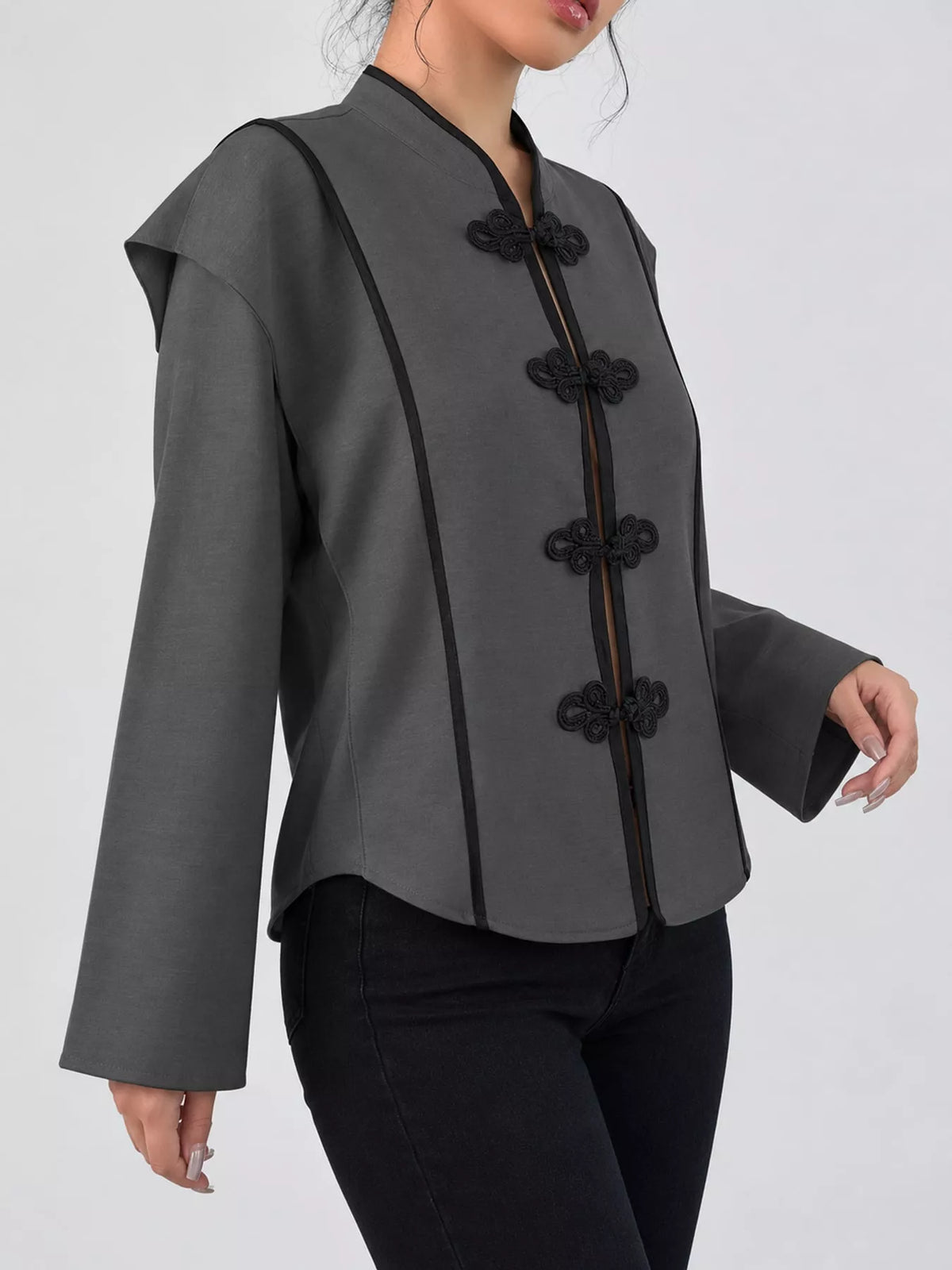 Gray chinese-style mandarin collar blouse, side view