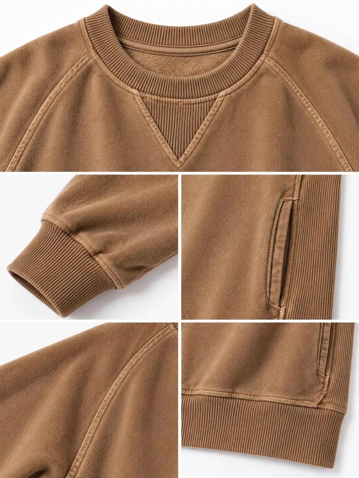 Brown crew neck raglan sleeve sweatshirt, neckline, cuff, and kangaroo pocket details