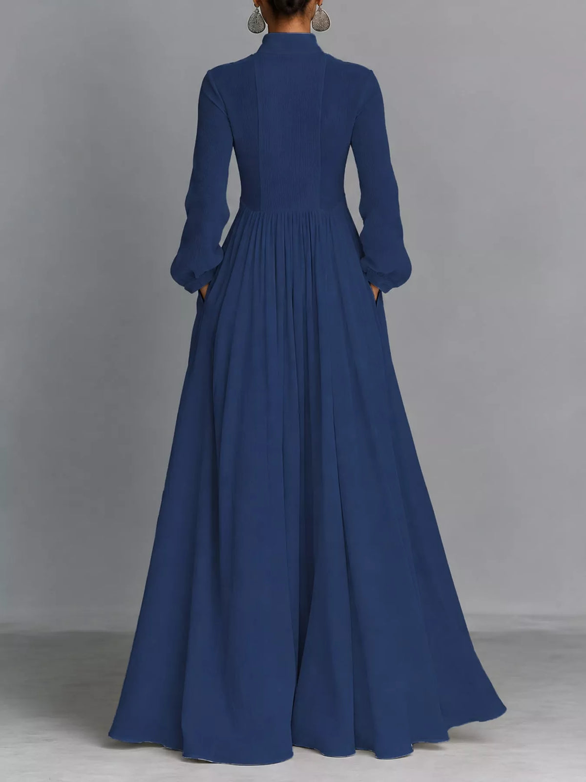Blue long sleeve button-front maxi dress, back view
