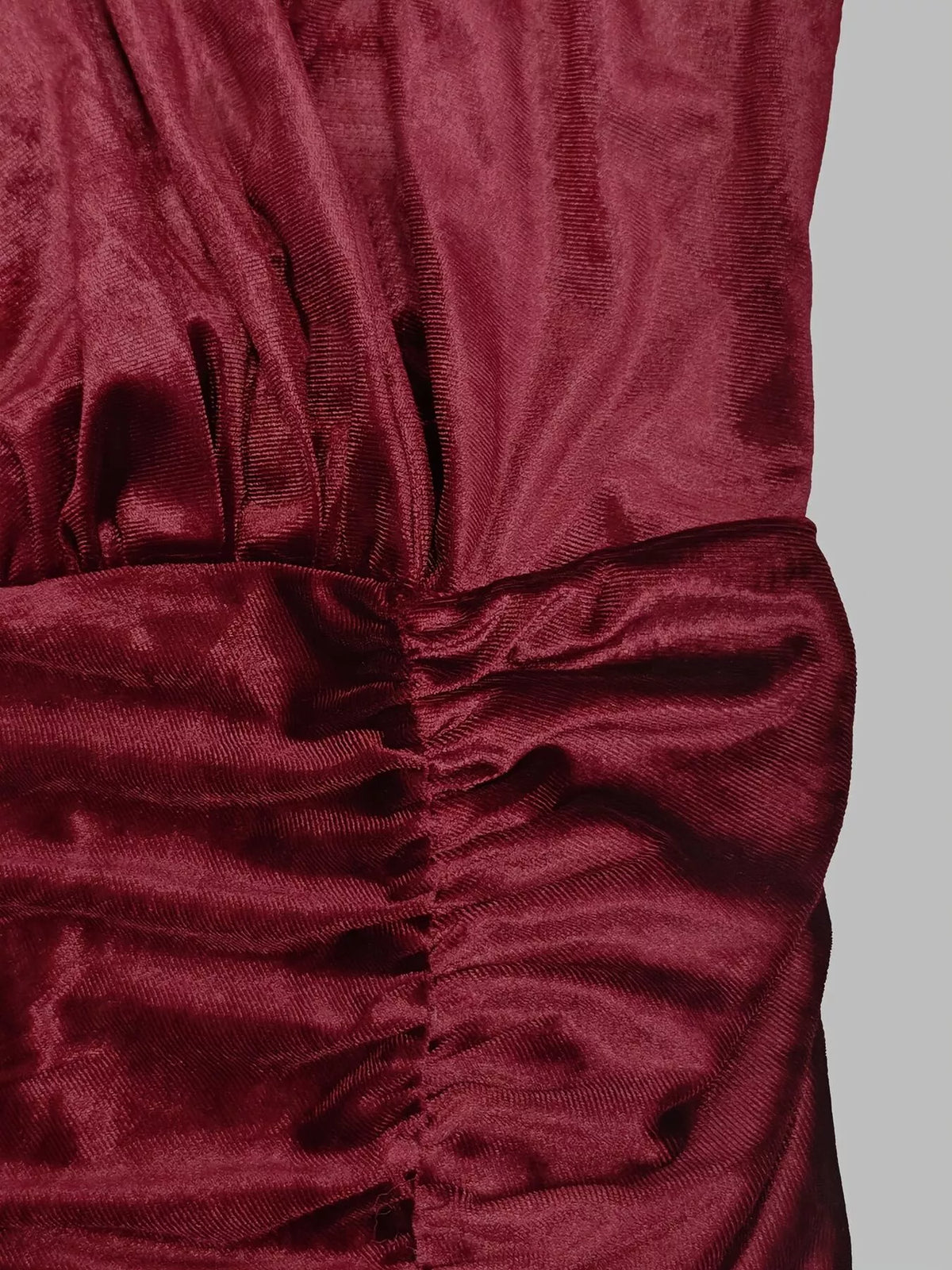 Burgundy velvet mock neck maxi dress, waist ruching detail