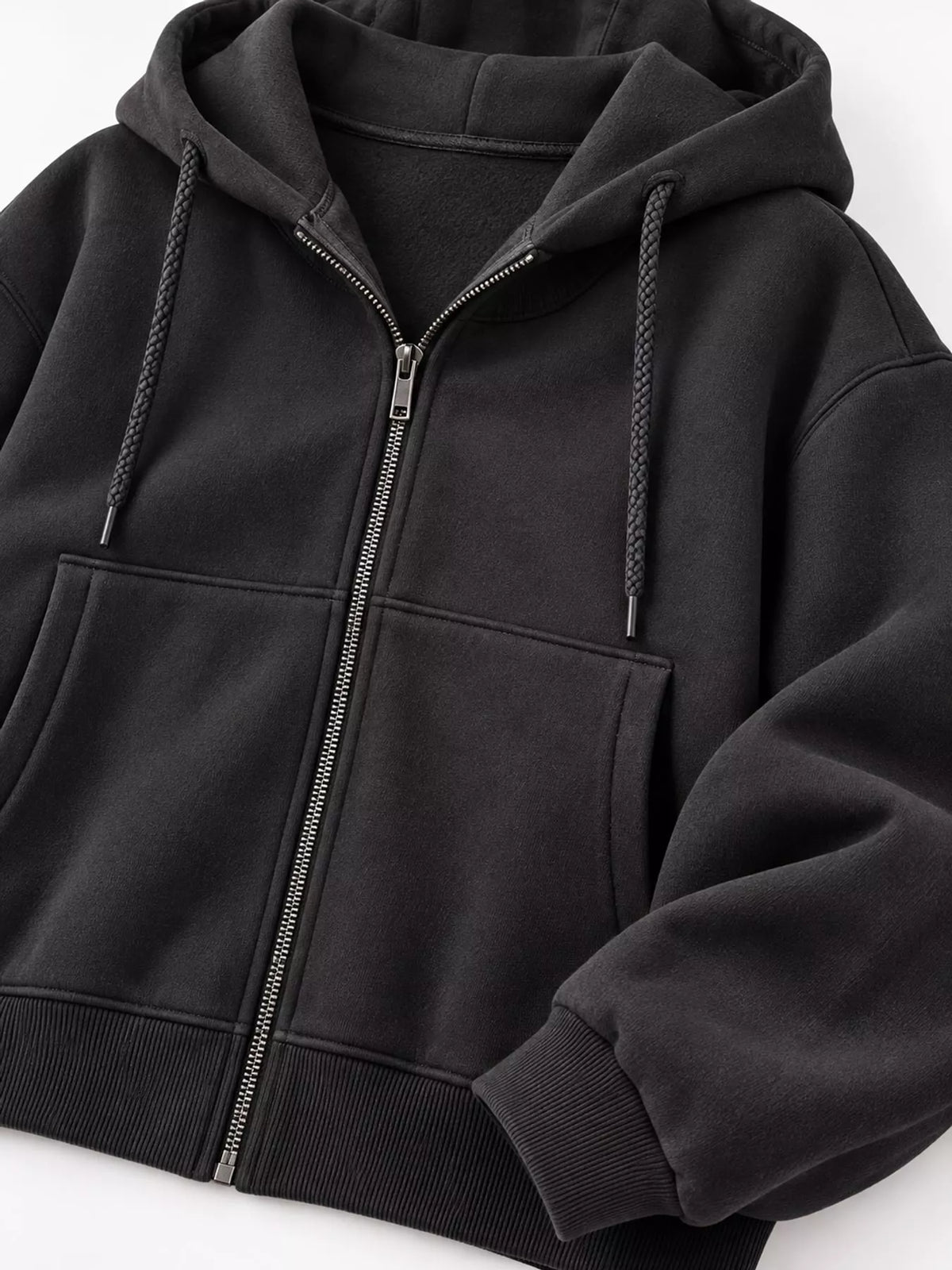 Black oversized zip-up cropped hoodie