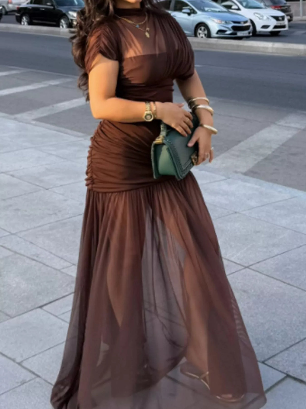 Brown mock neck ruched maxi dress, front view
