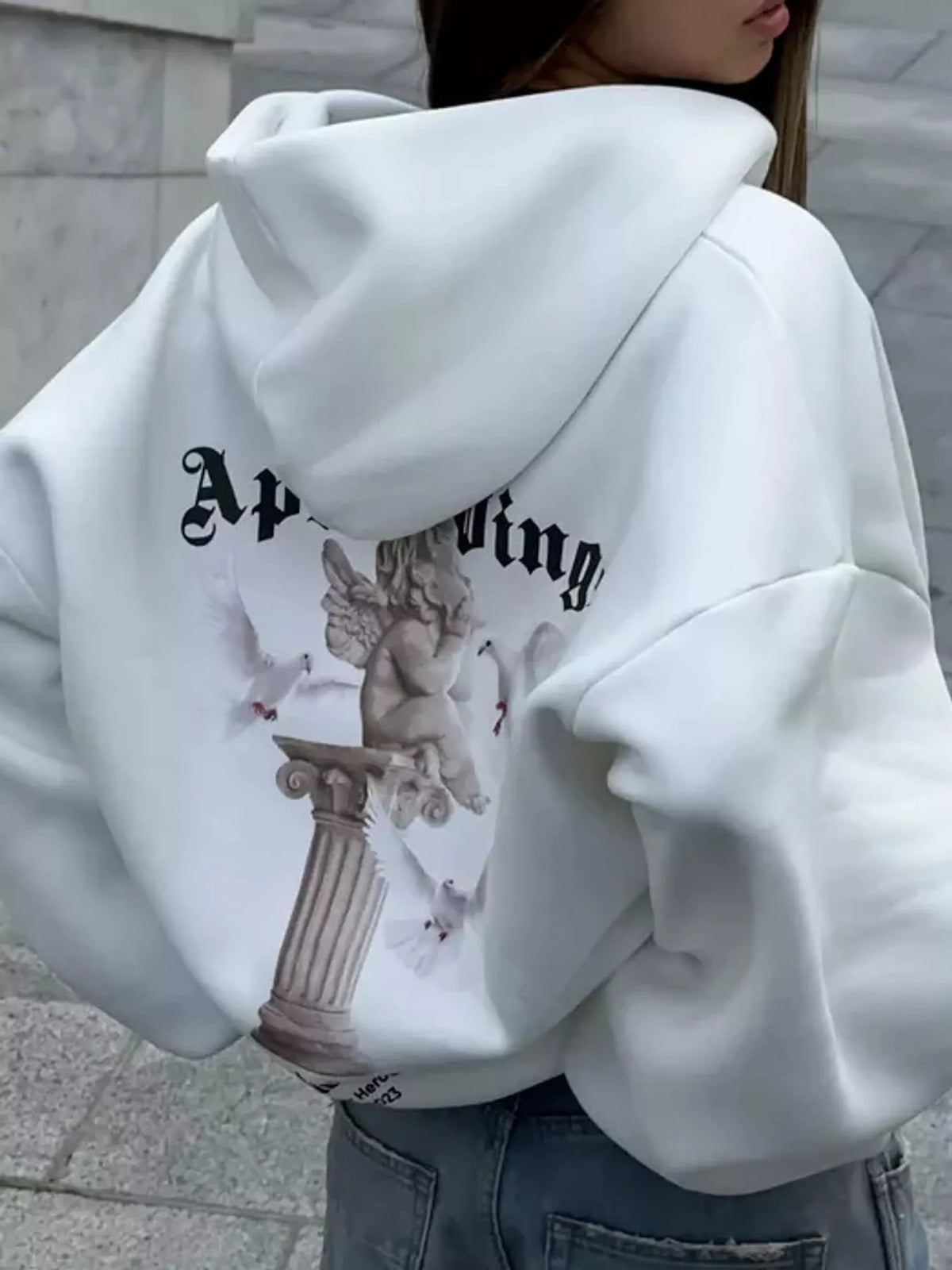 Zip-up hoodie, white back graphic