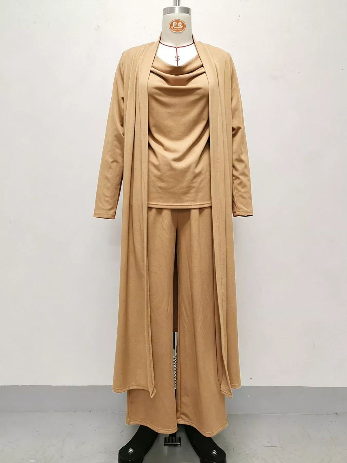 Tan cowl neck top, cardigan and pants set, front view