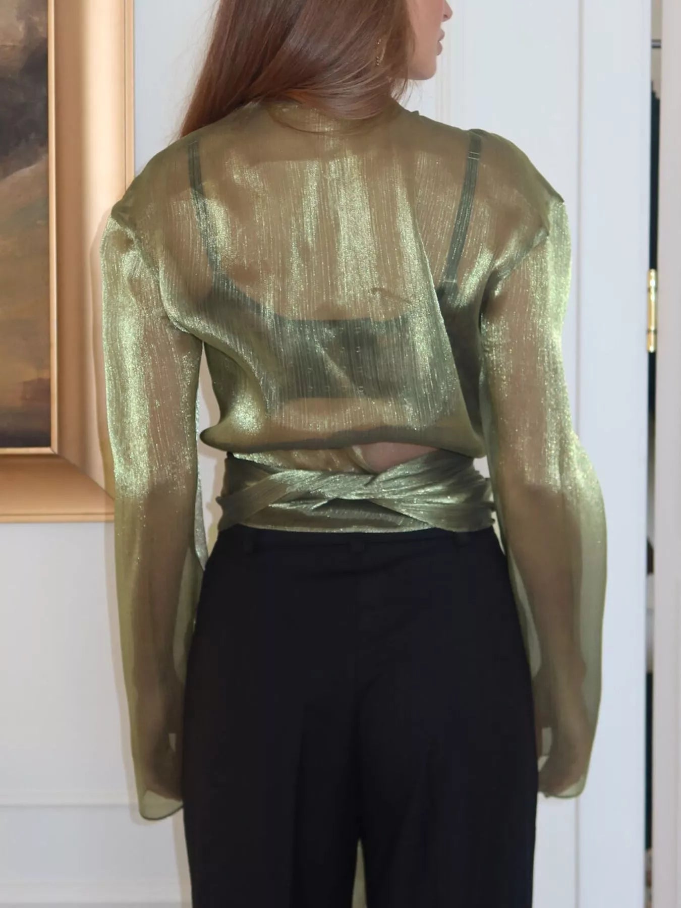 Trendsi Sheer Front Tie Detail Long Sleeve Shirt -