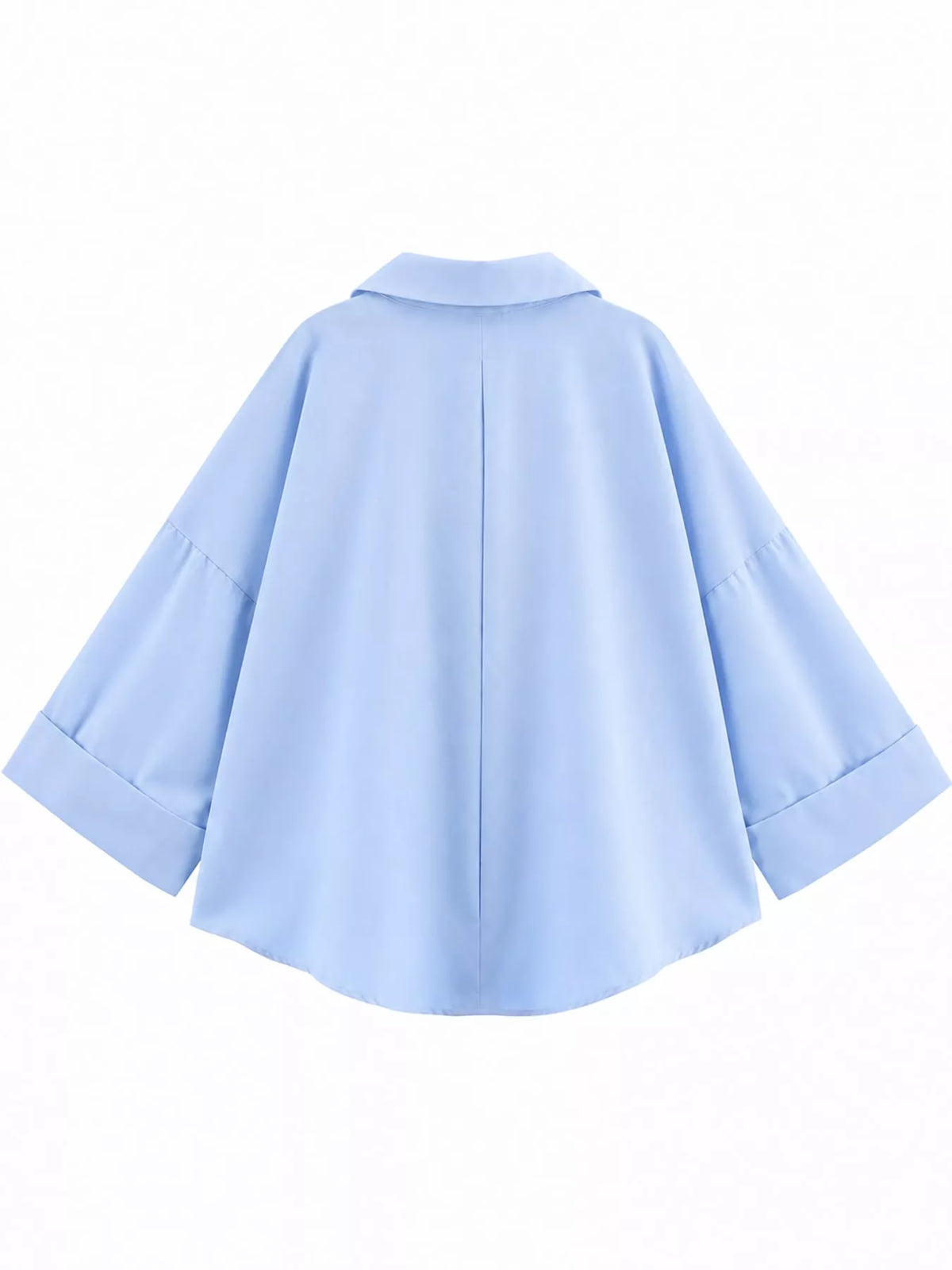Blue button-up three-quarter sleeve shirt