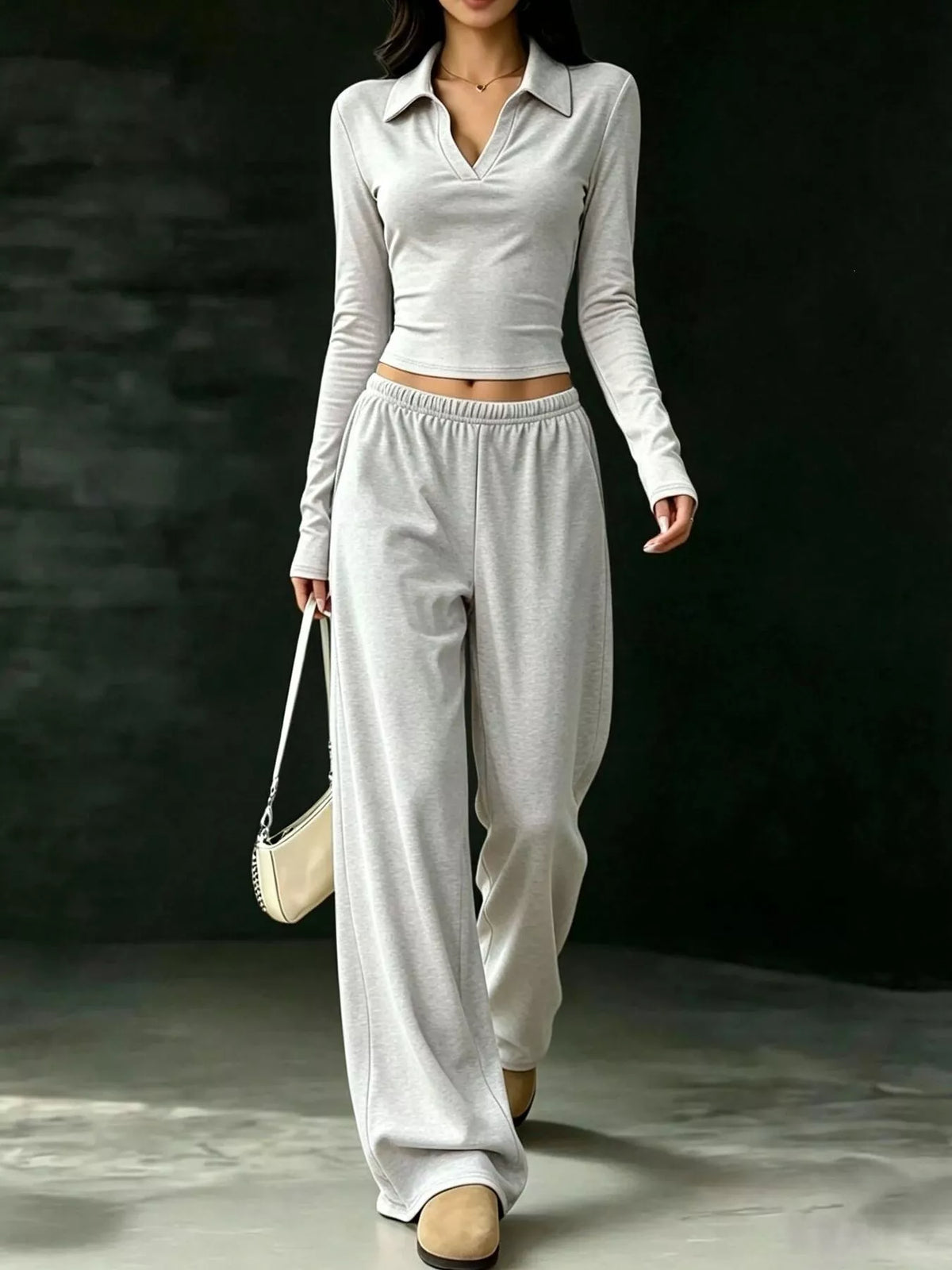 White collared crop top and wide-leg pants set, front walking view
