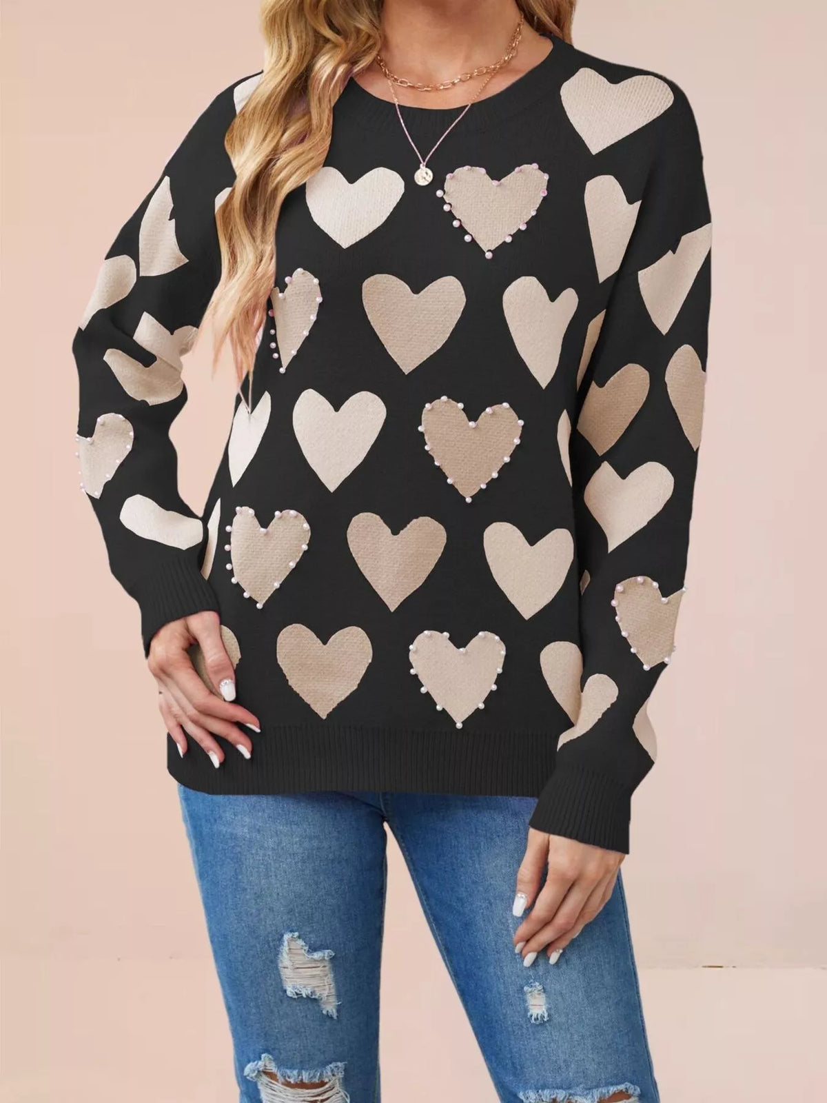 Trendsi Heart Pattern Pearl Embellishments Sweater -