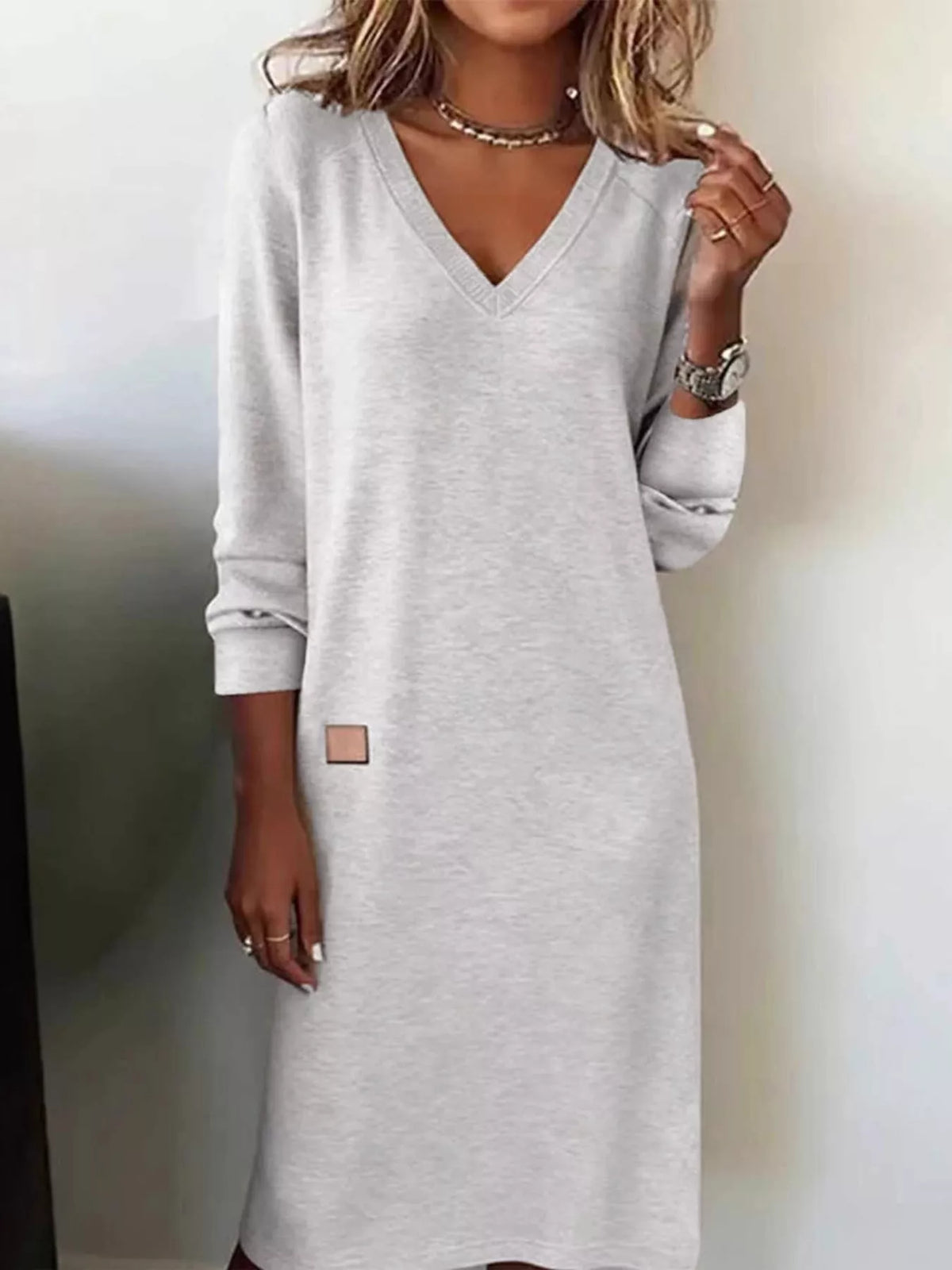Women's V-Neck Long Sleeve Midi Dress in gray — front view