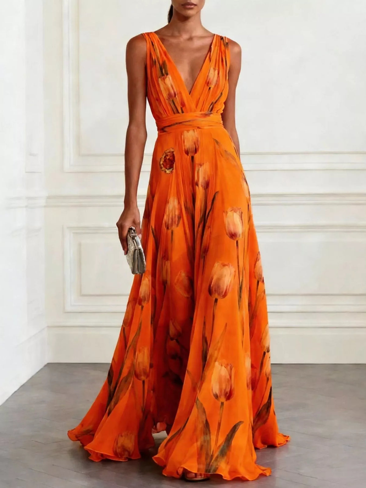 Women's Sleeveless Floral Print Maxi Dress in orange floral — front view