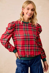 Trendsi BiBi Christmas Plaid Exaggerated Shoulder Sleeves Top -