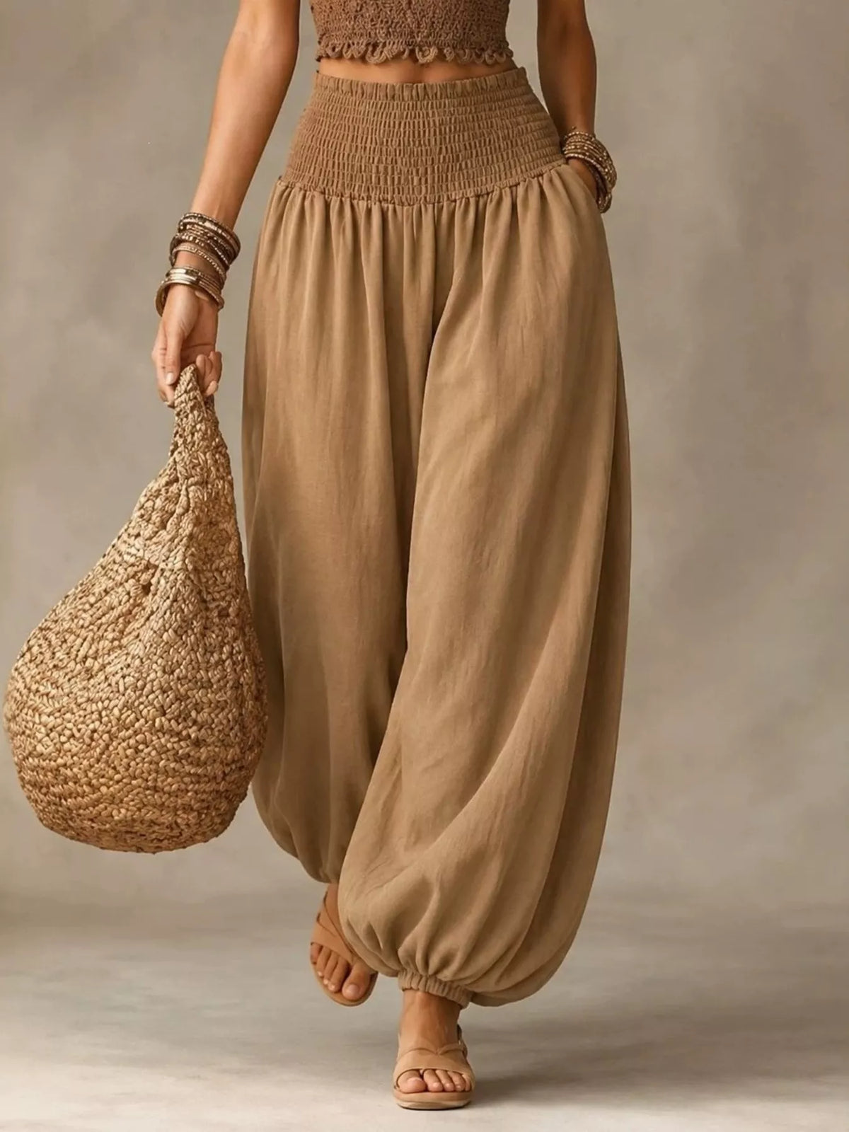 Women's Smocked Harem Pants in camel — front view