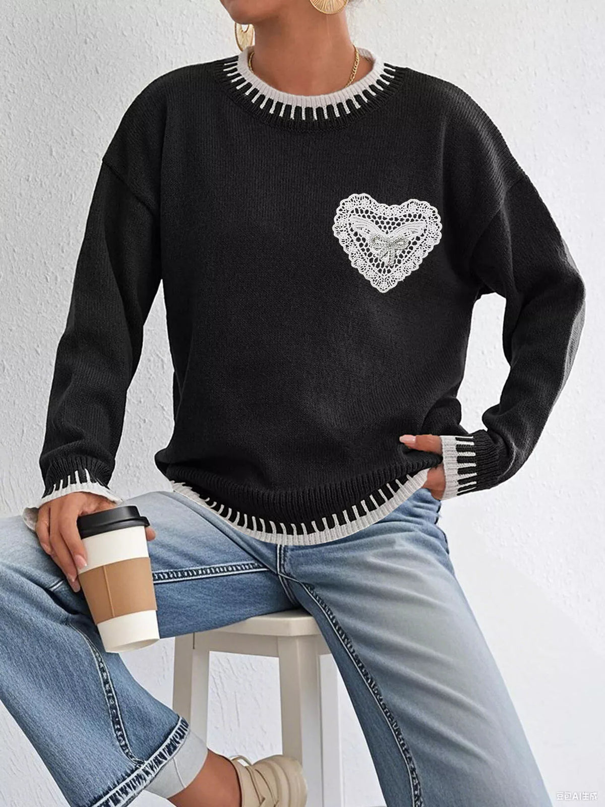 Trendsi Lace Heart Contrast Trim Sweater -