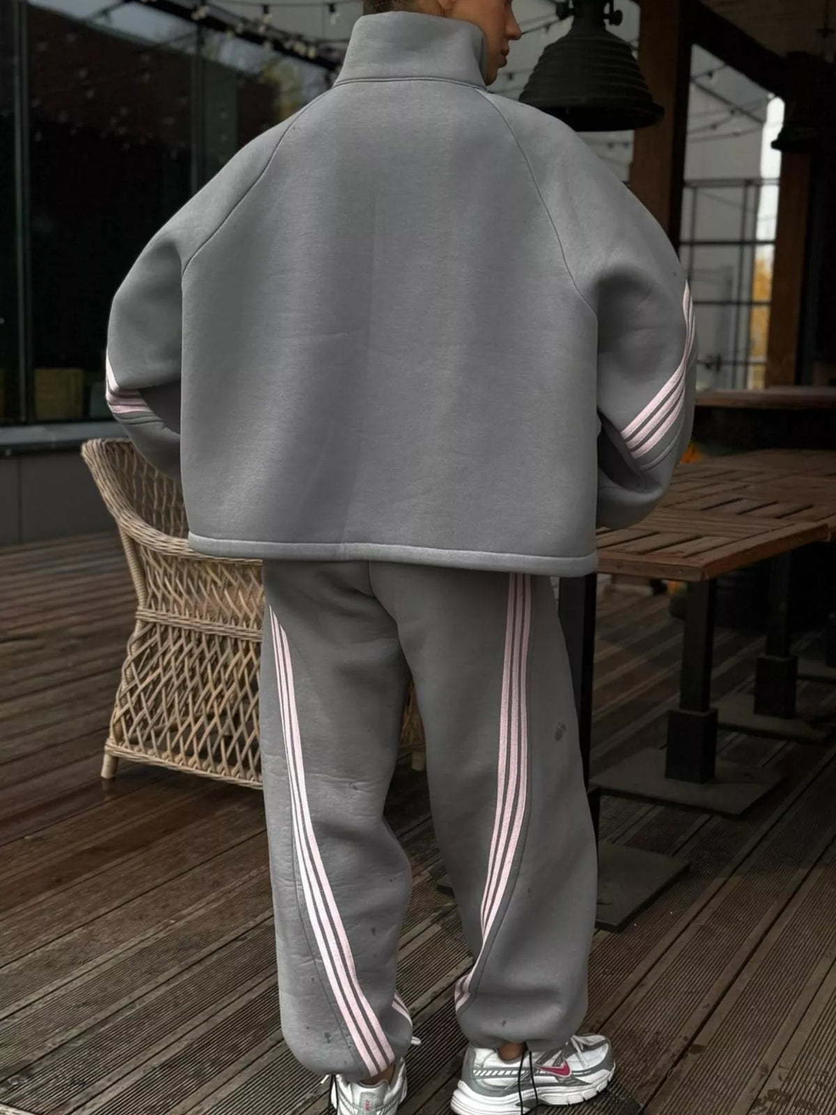 Trendsi Contrast Striped Zip Up Top and Pants Set -