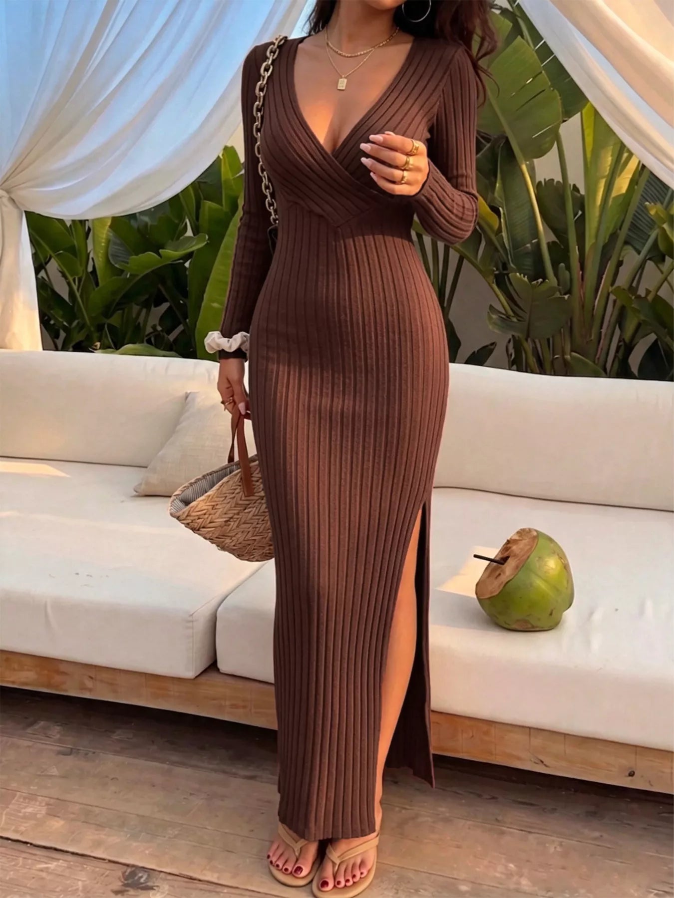 Slit long sleeve ribbed-knit maxi dress