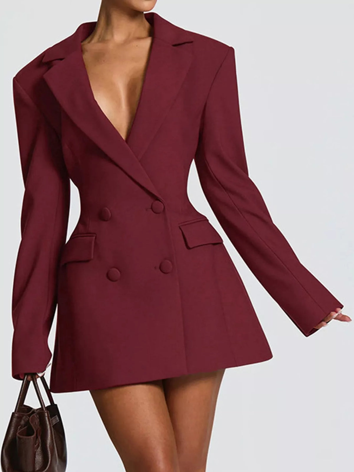 Burgundy double-breasted blazer dress — front view
