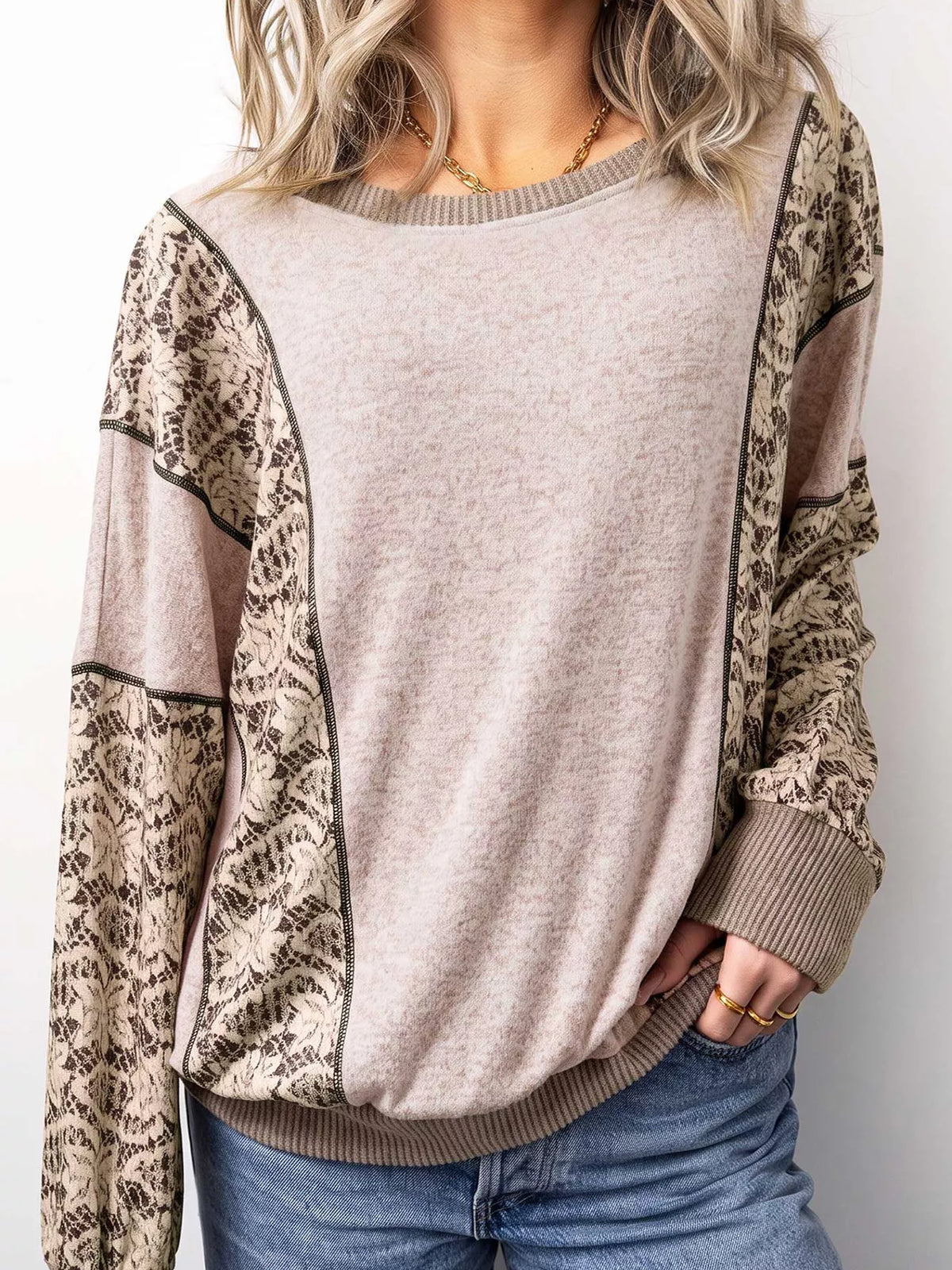 Trendsi Floral Print Round Neck Long Sleeve Shift Top -