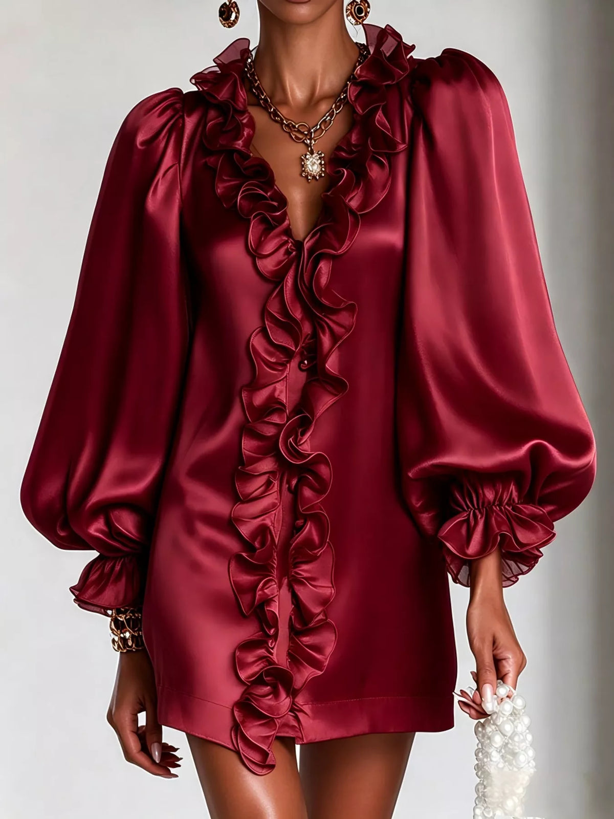 Ruffle Trim Puff Sleeve Mini Dress in burgundy, front view