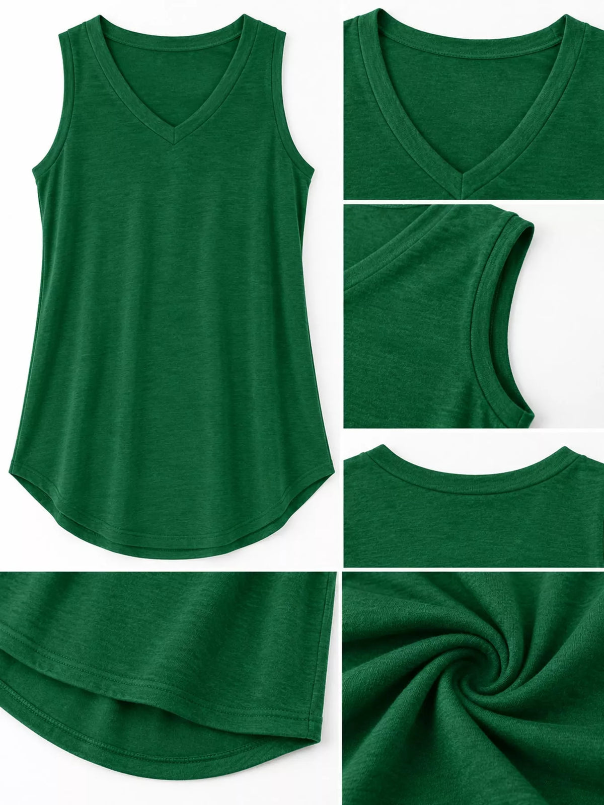Green v-neck loose fit tank top, V-neckline, armhole, curved hem, and fabric close-ups