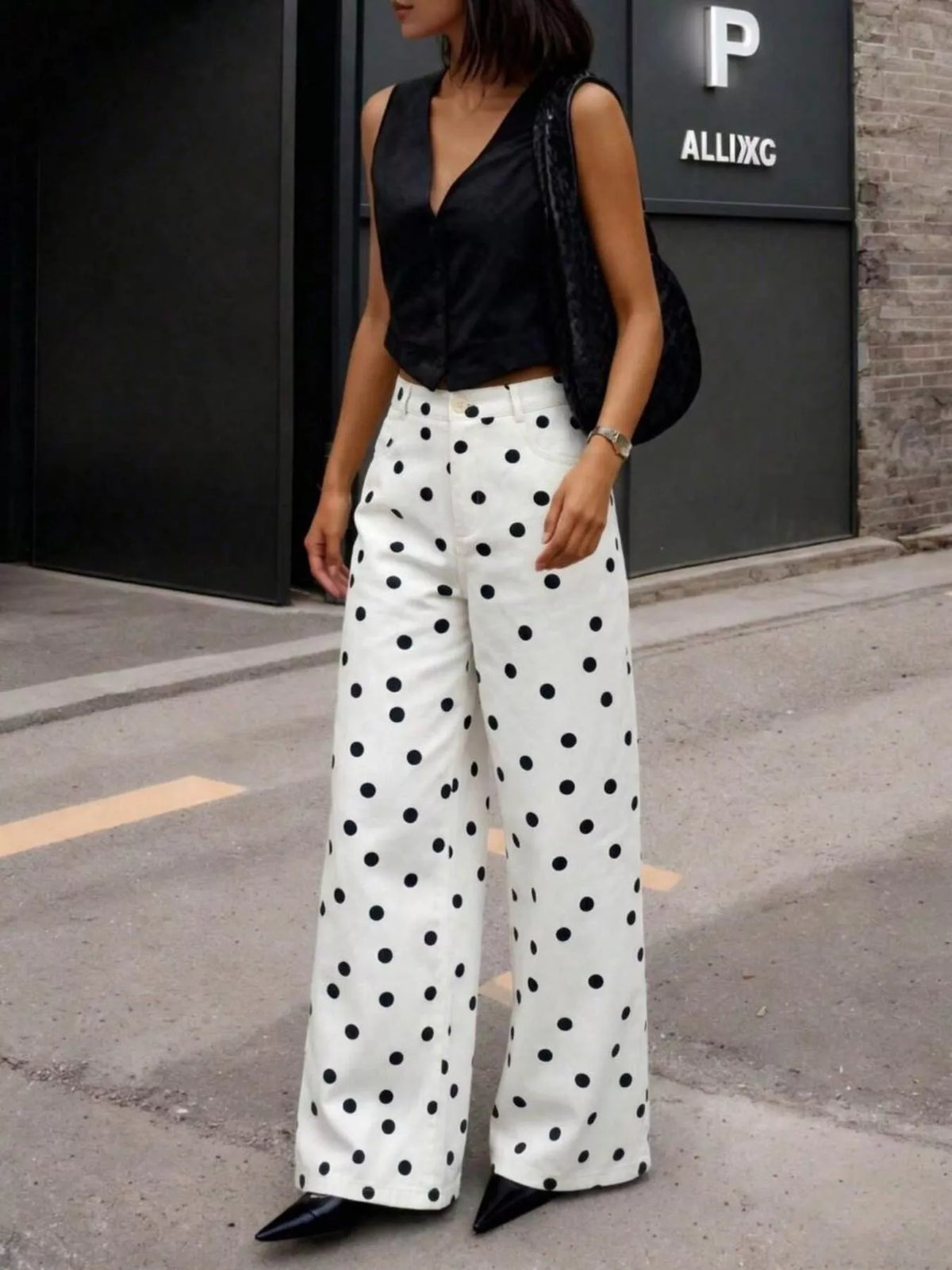 White high-waisted polka dot wide-leg pants
