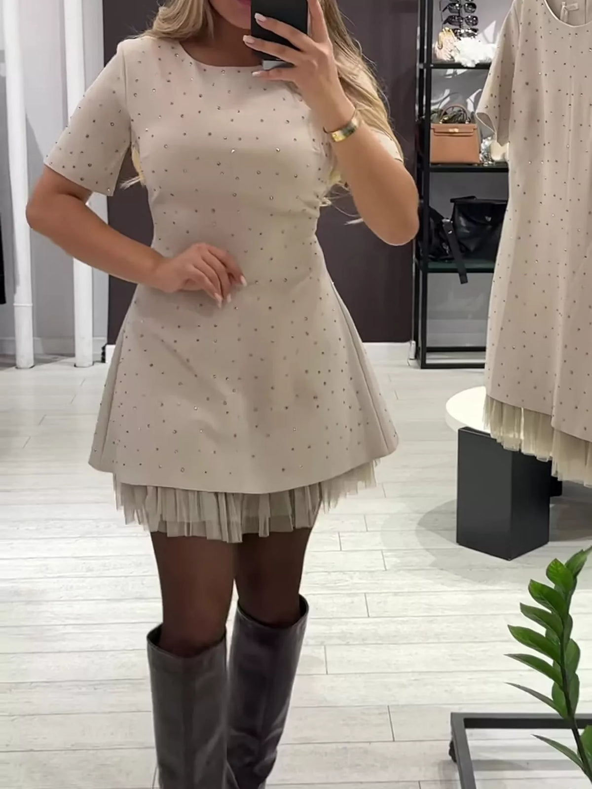 Beige rhinestone a line mini dress with tulle hem, front view