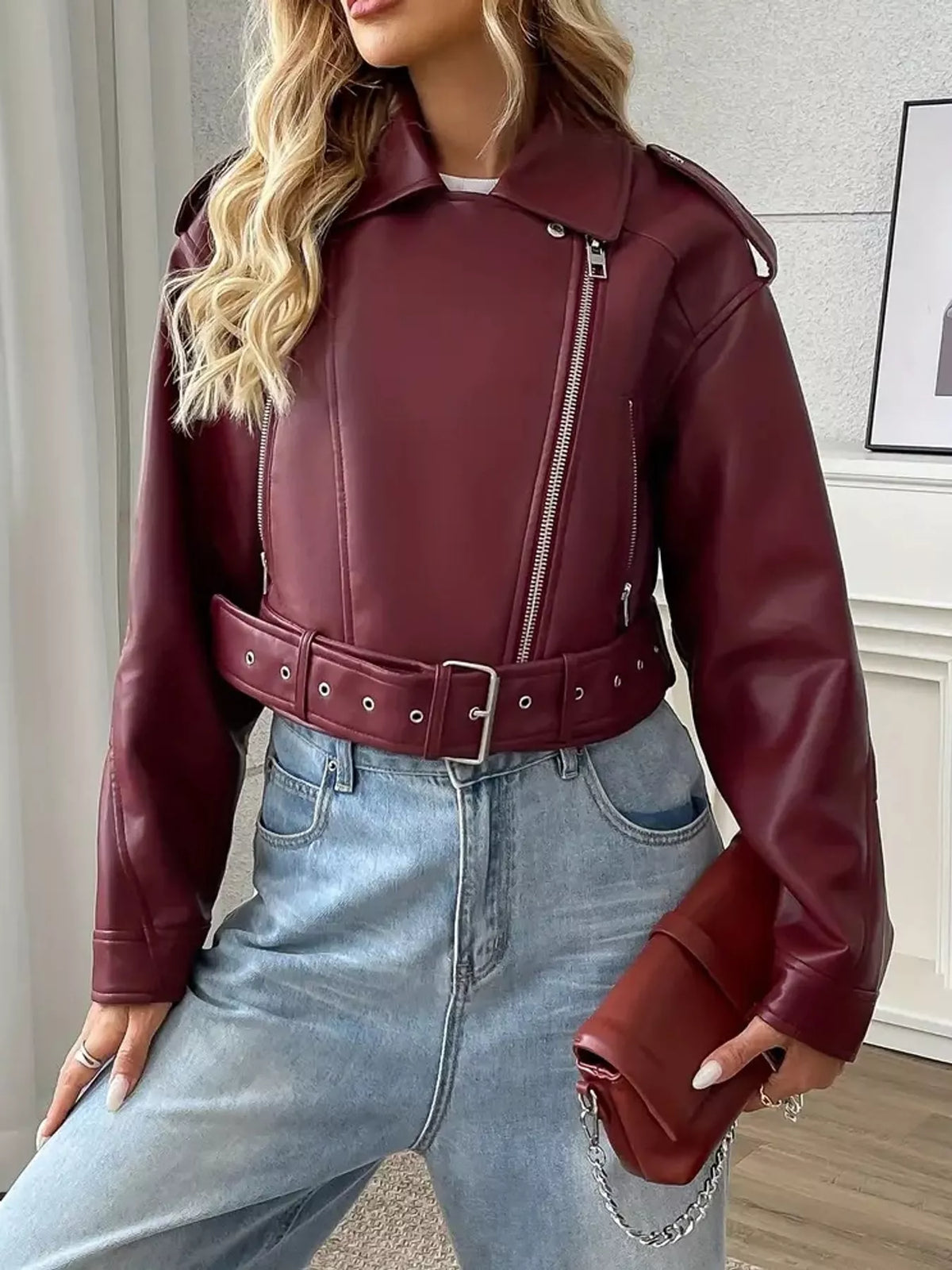 Faux Leather Zip Up Jacket in burgundy, front view