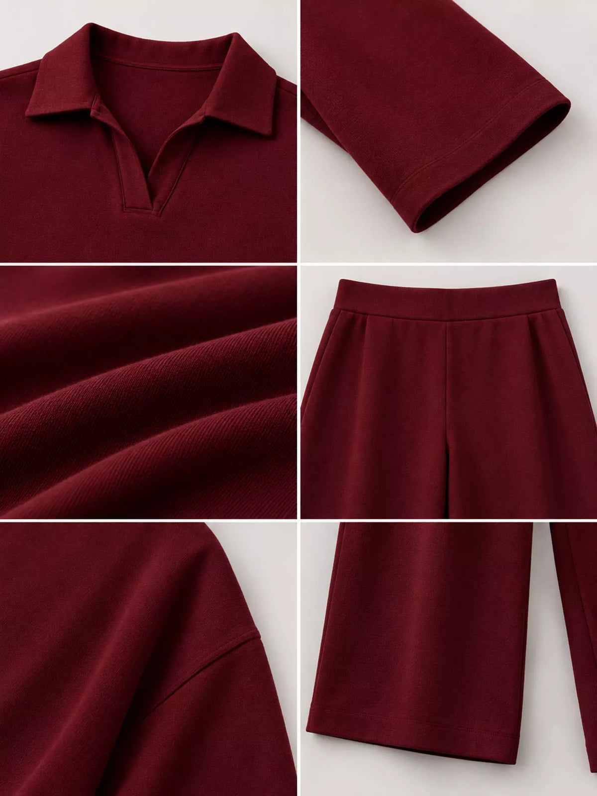 Polo top and pants set, burgundy detail collage