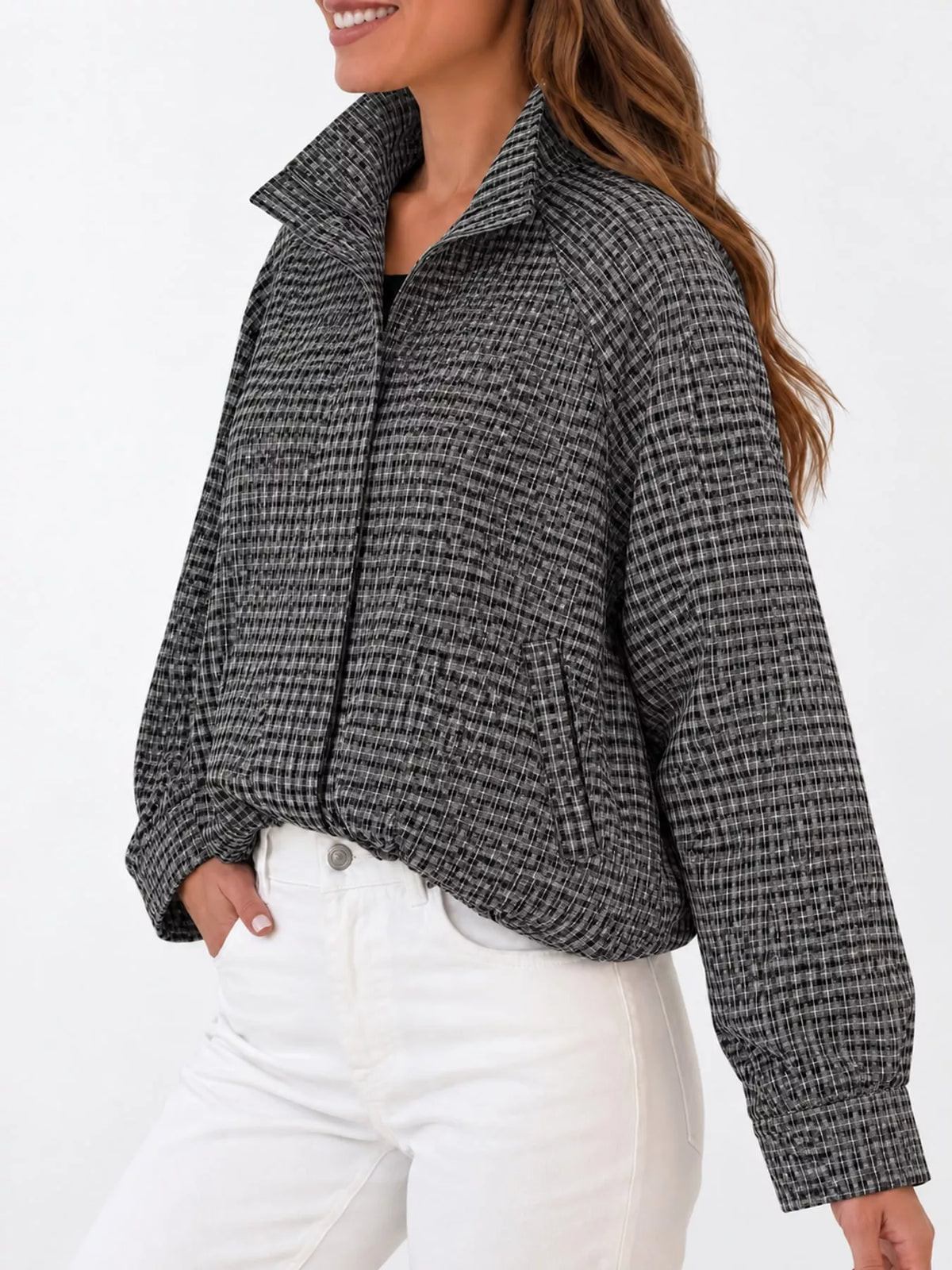 Black And Gray plaid stand-collar cropped jacket