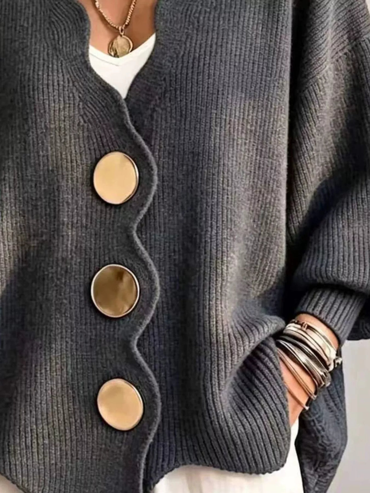 Women's Scalloped-Edge Oversized Button-Down Cardigan in Black, back view