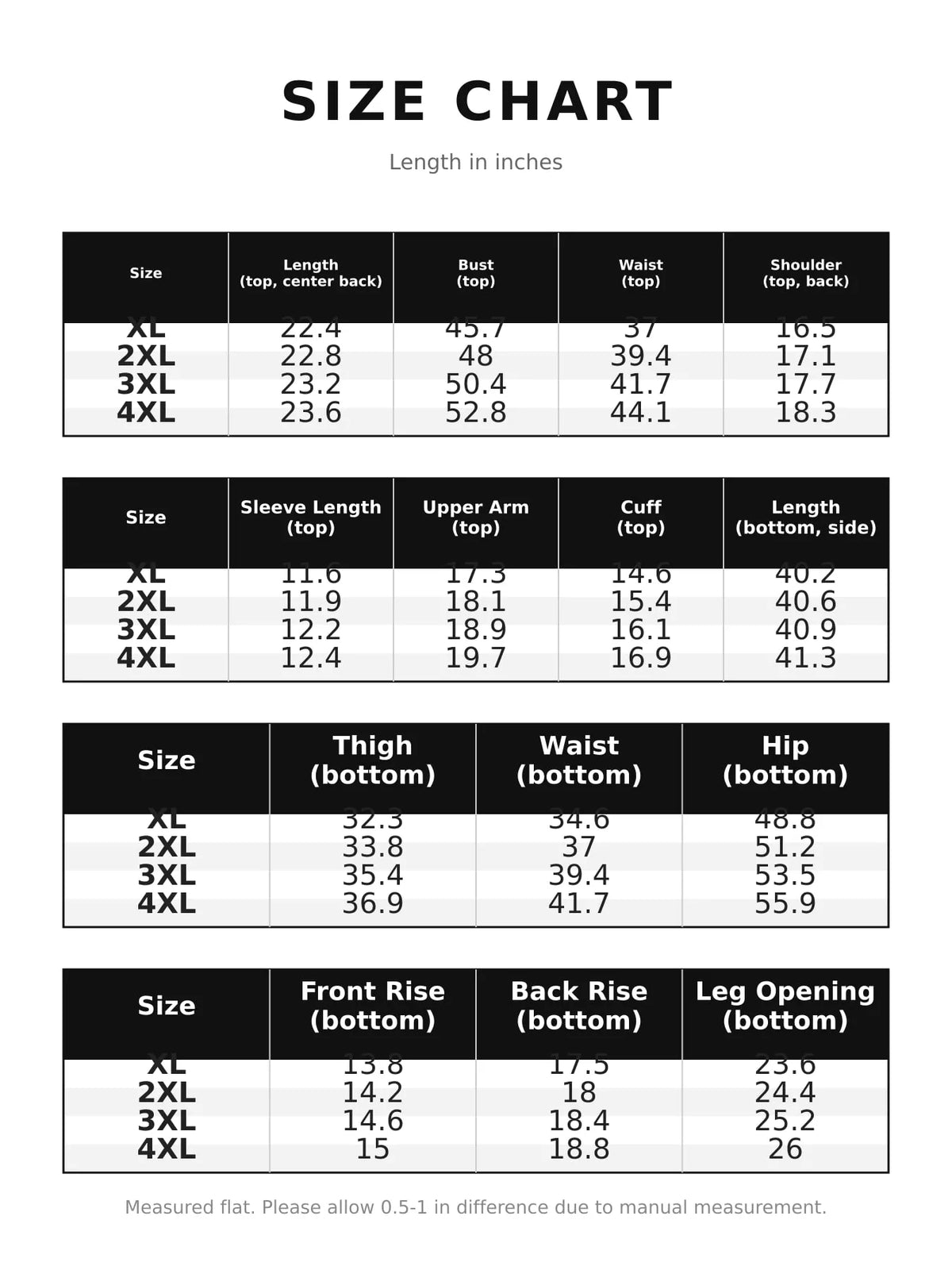 Peplum top and pants set, size chart