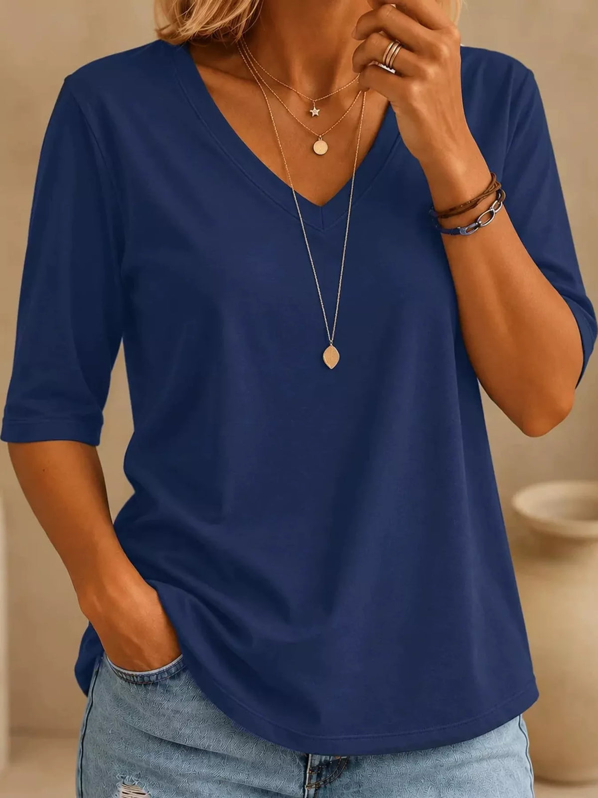 Navy v-neck half sleeve t-shirt