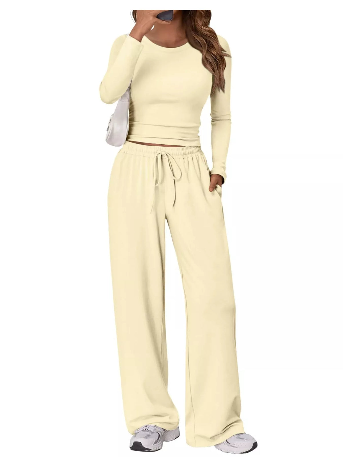 Long Sleeve Top and Wide-Leg Drawstring Pants Set — front view